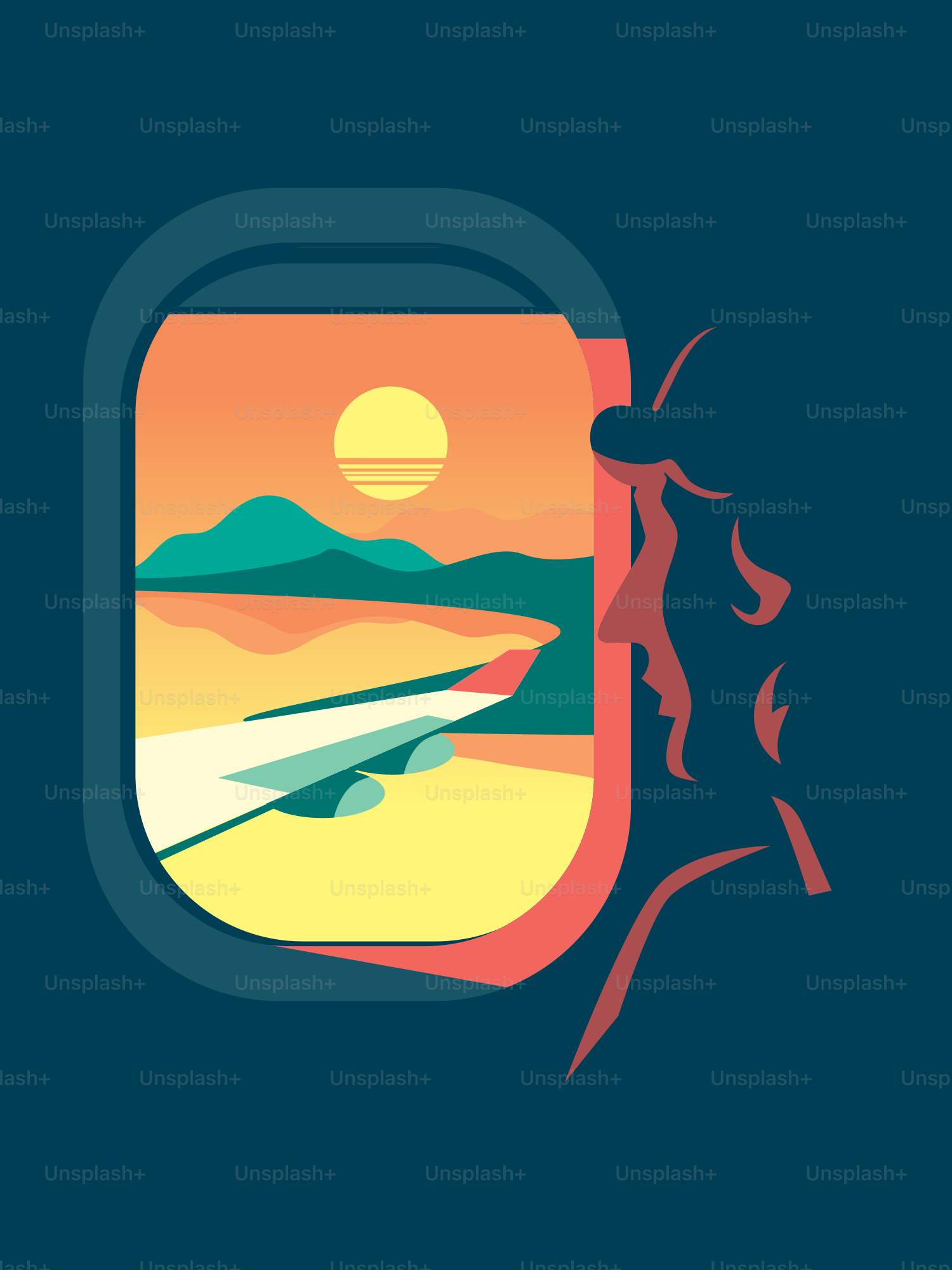 Stylized person views sunset from airplane window.