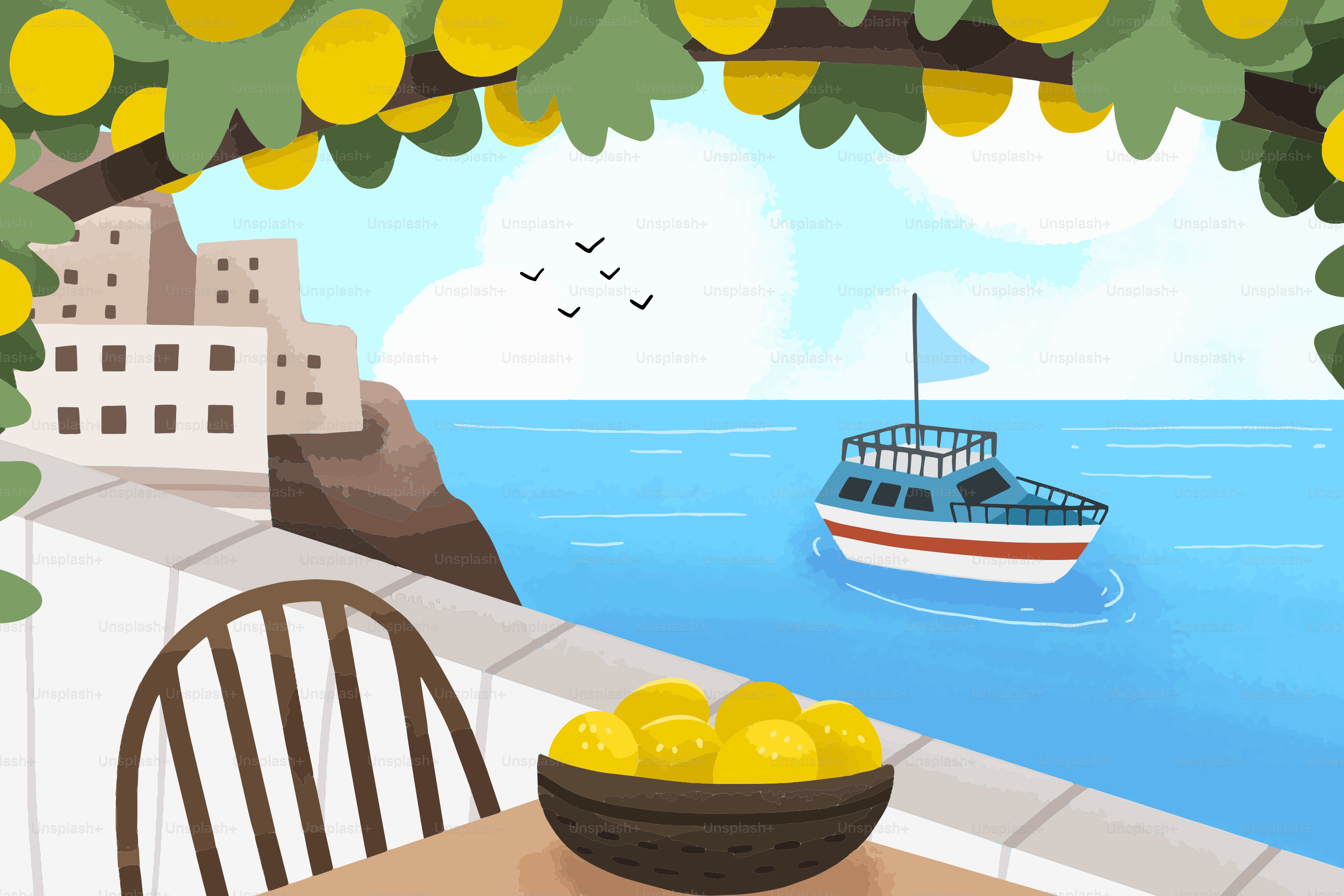 Lemons on a table overlooking a boat and coastal village.