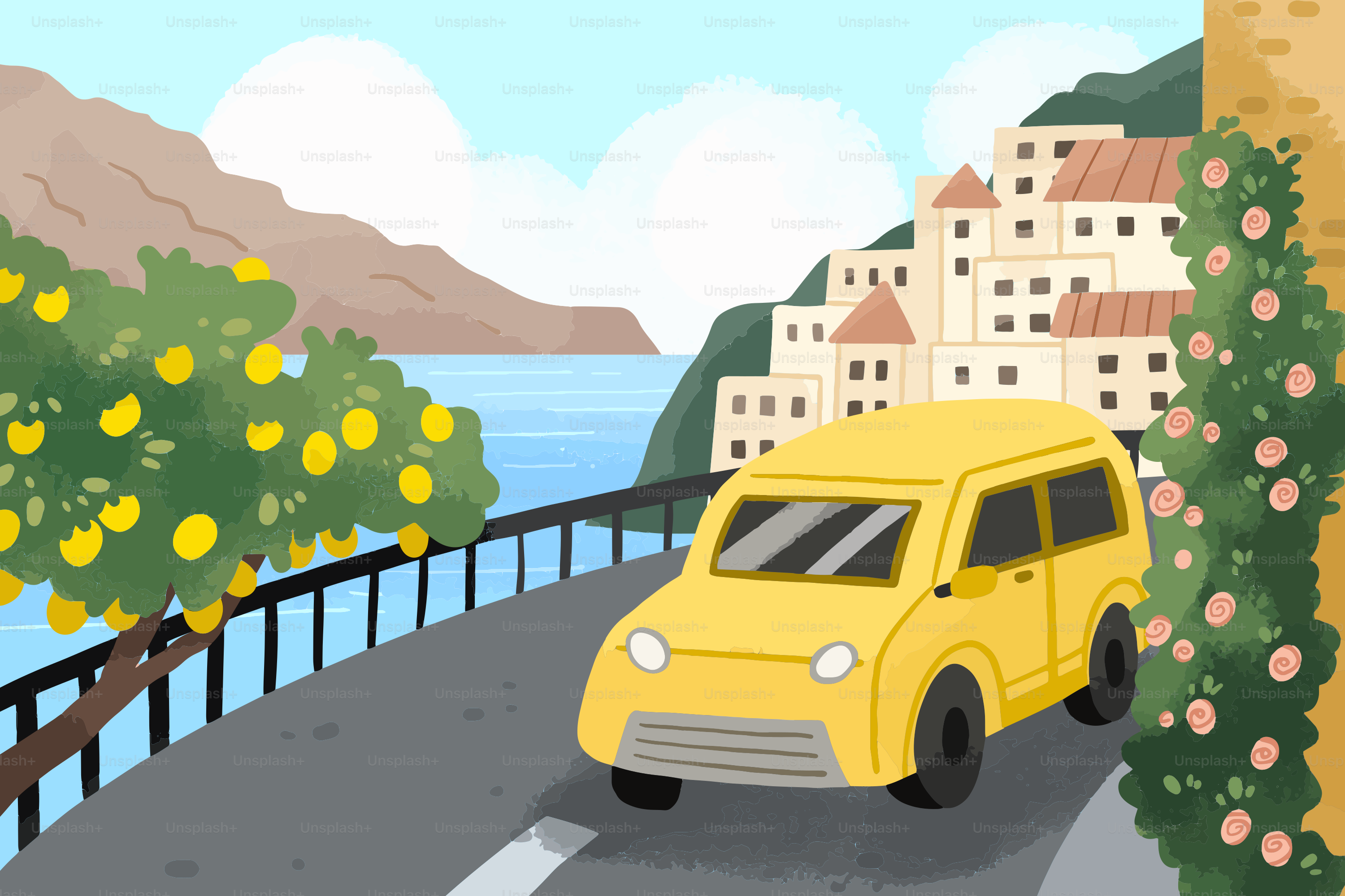 Yellow car on coastal road, town, and lemon trees.
