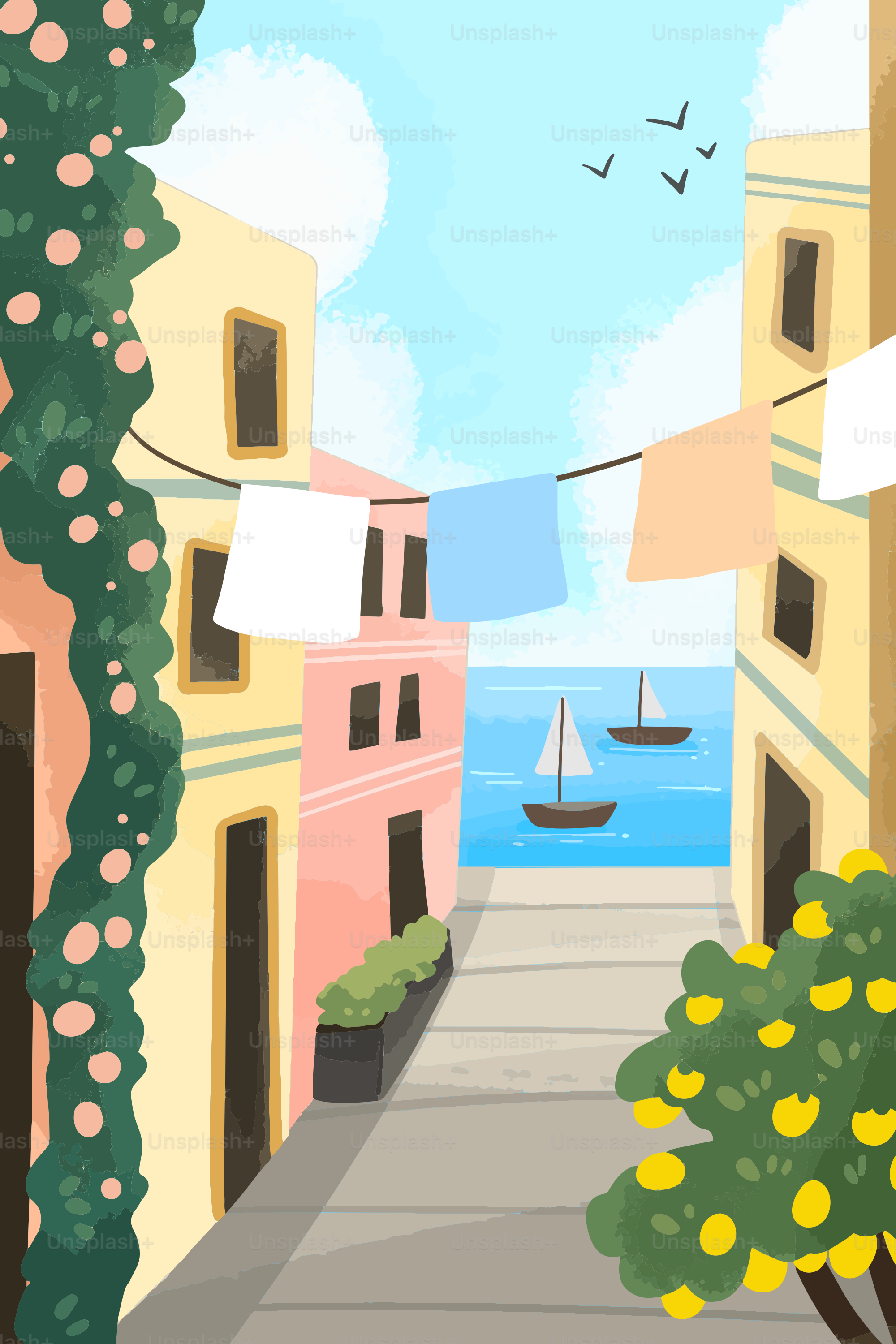 Colorful mediterranean street scene with laundry and sea view.