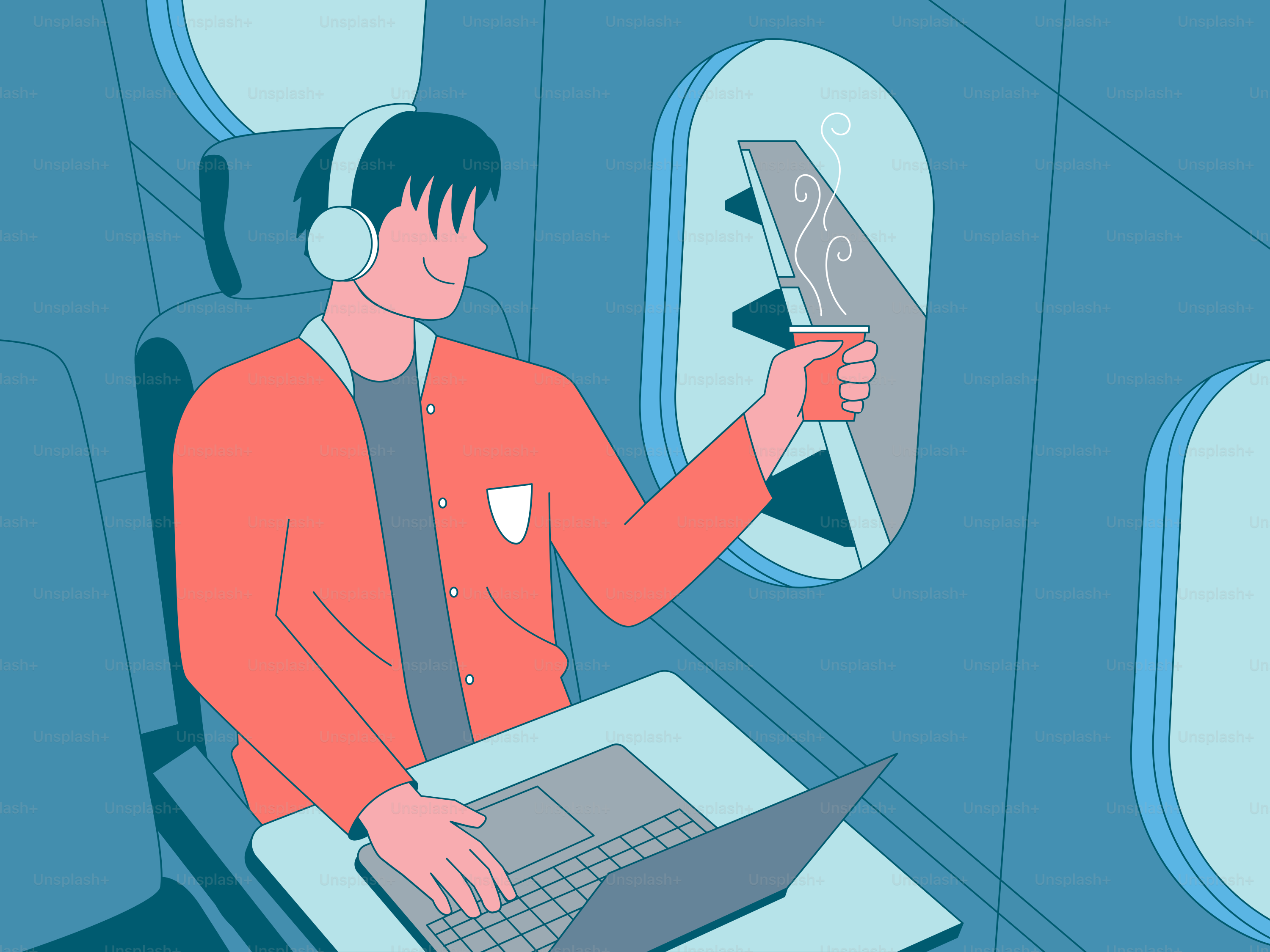 A person on an airplane with headphones, laptop, and coffee.