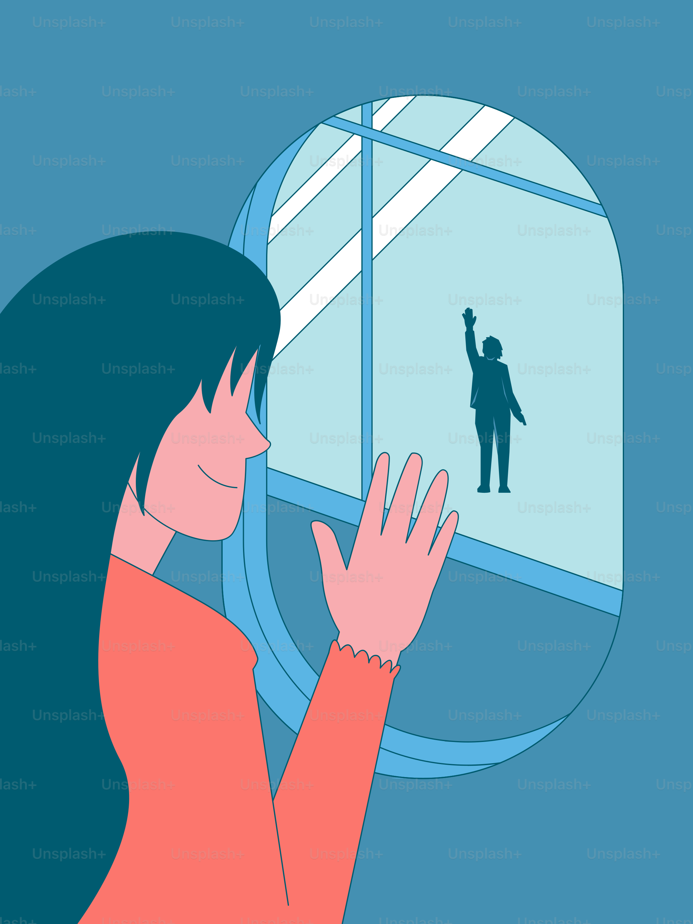 A woman waves goodbye to a person through a window.