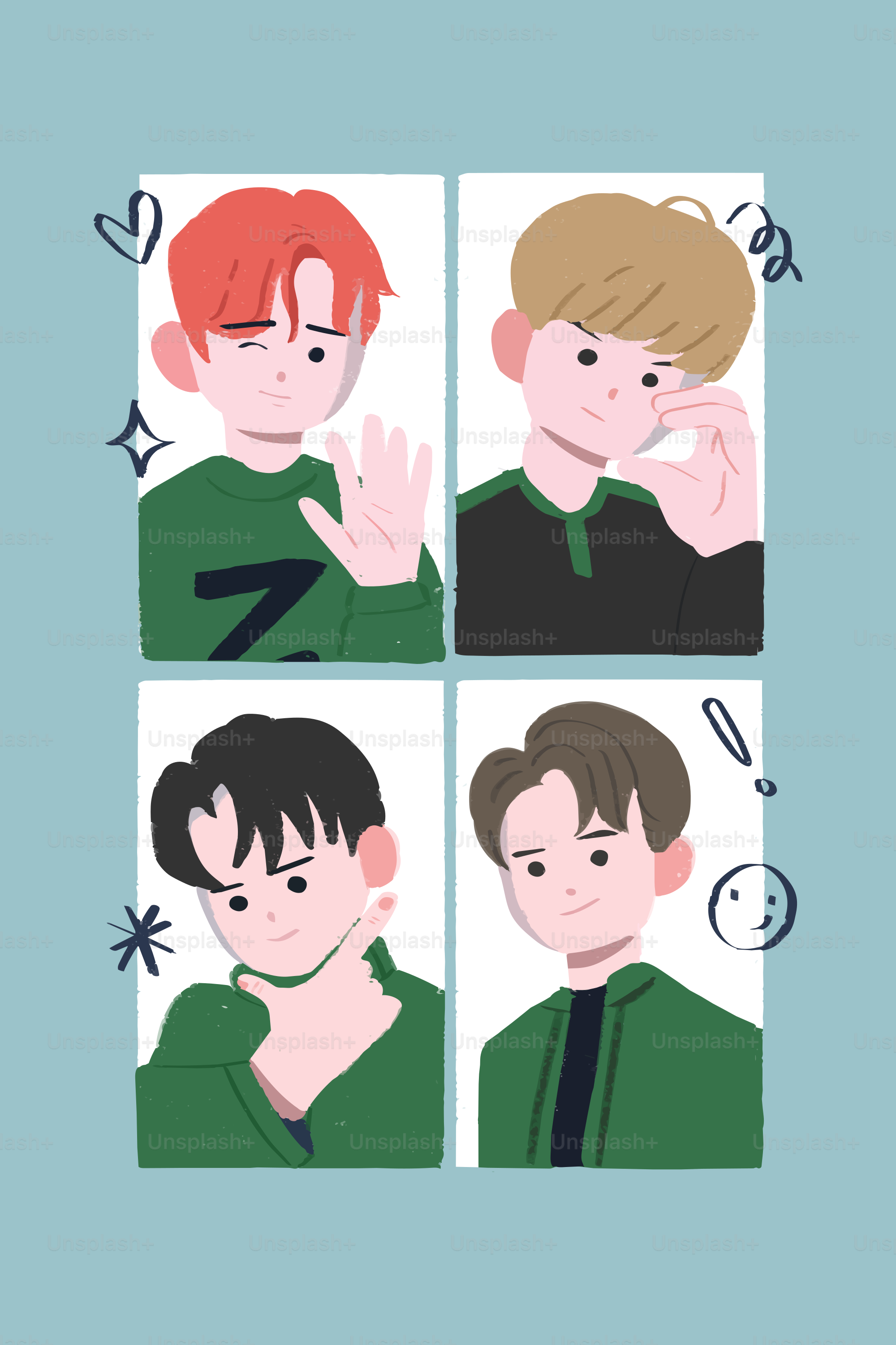 Four cartoon boys in green tops on a blue background.