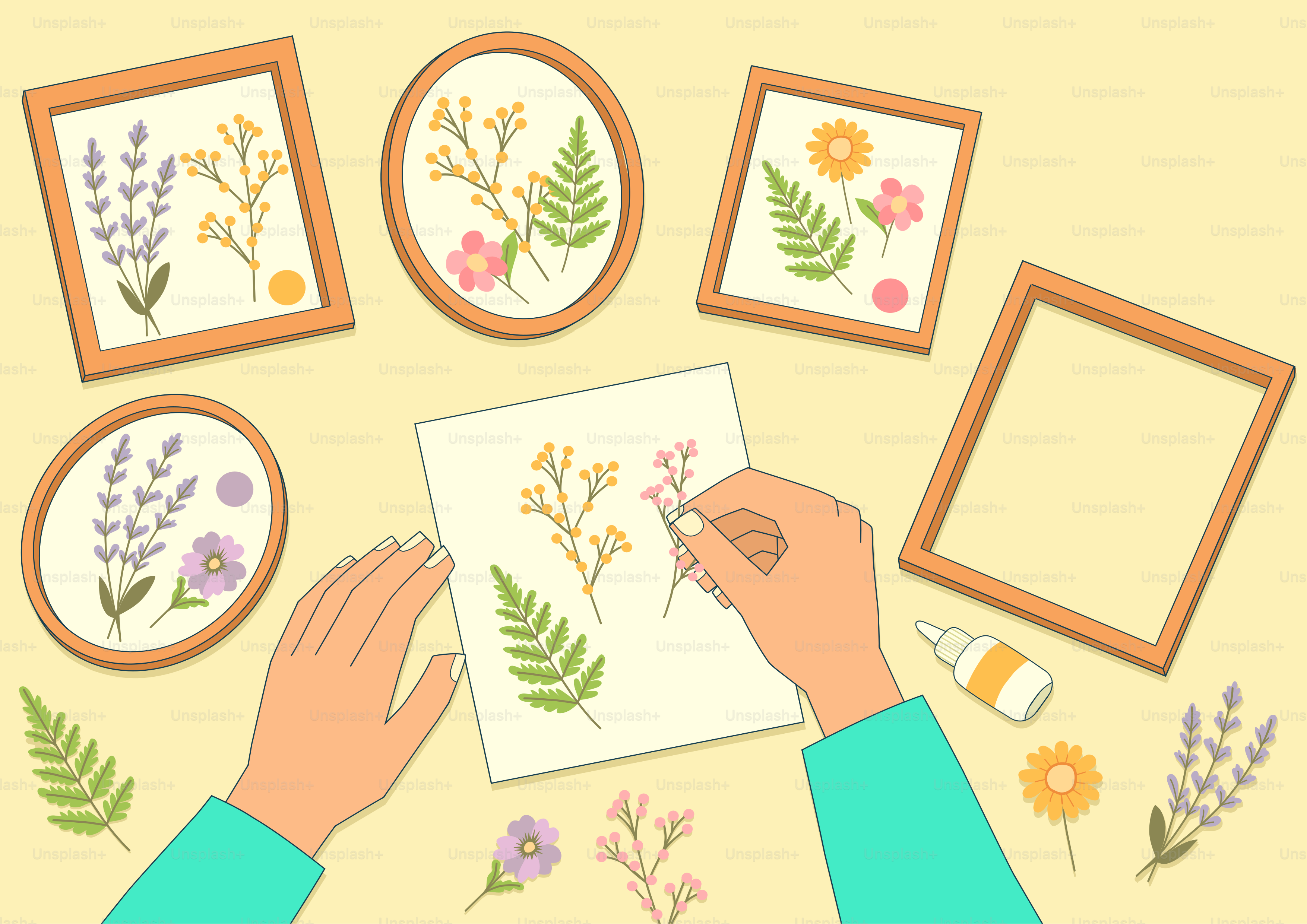 Hands creating pressed flower art with frames and supplies.