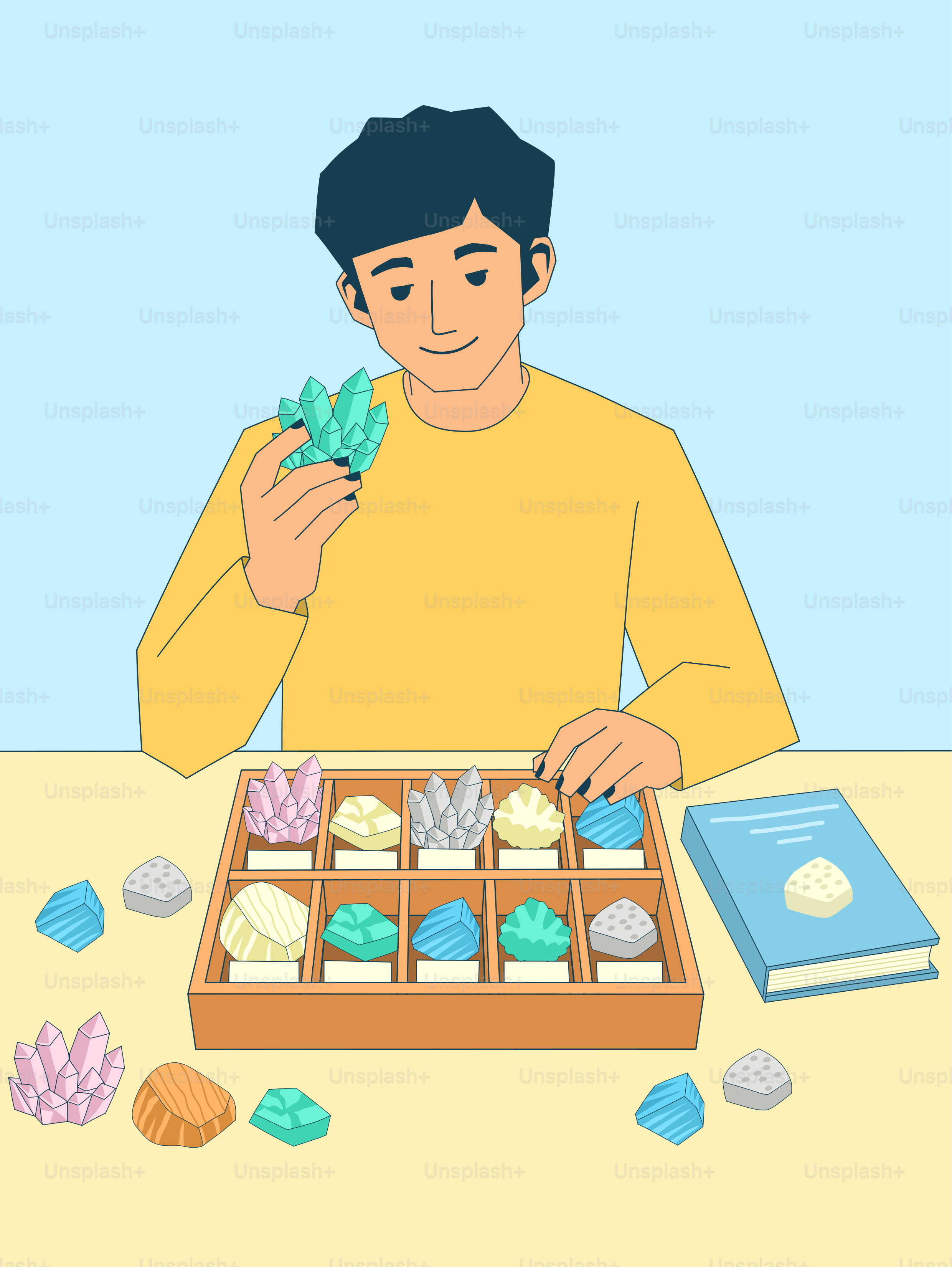 A person examining a collection of colorful crystals and minerals.