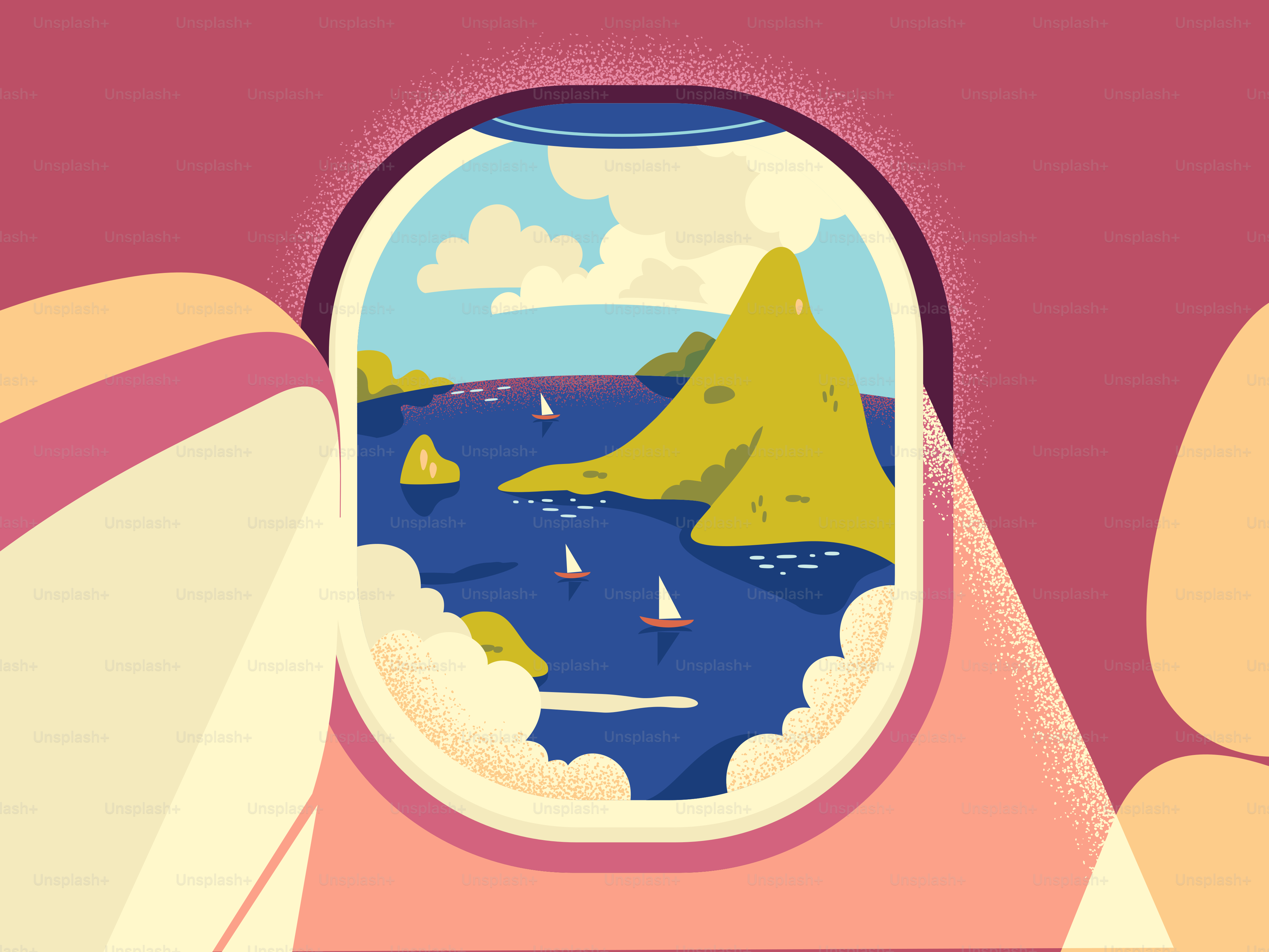Colorful ocean and islands seen through an airplane window.