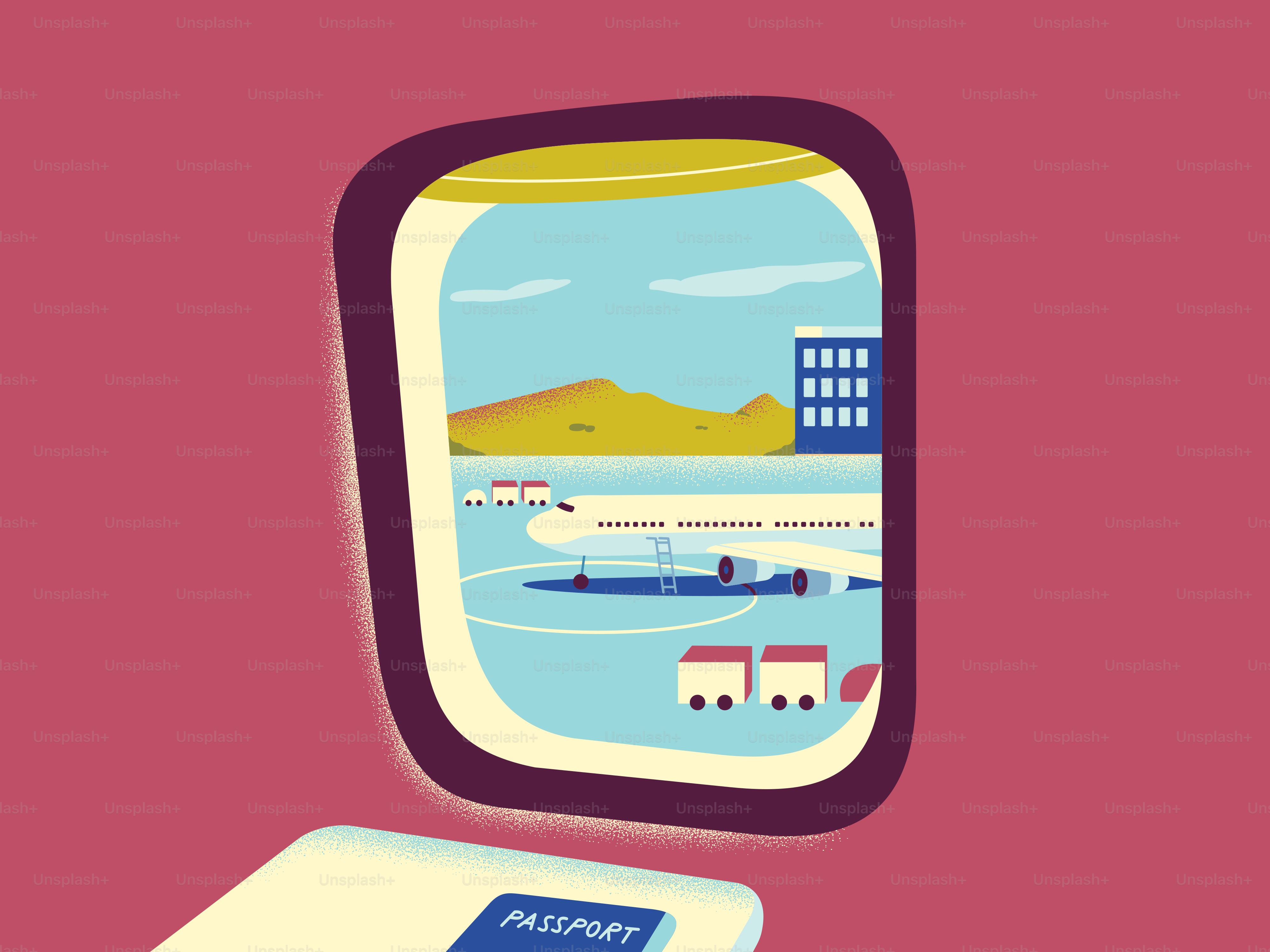 View from airplane window showing airport, plane, and passport.
