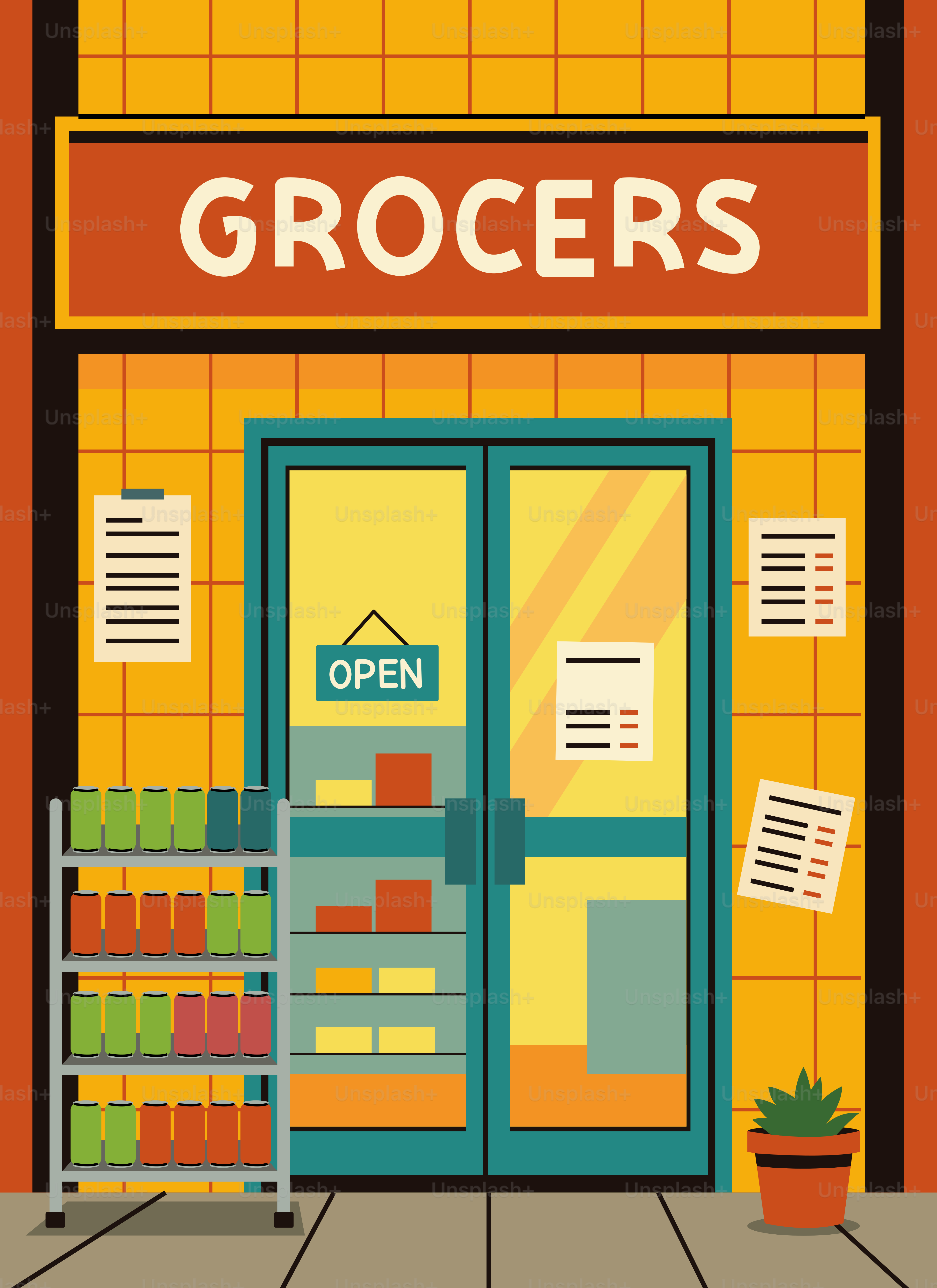 Illustrated grocery store front with "grocers" sign and open doors.
