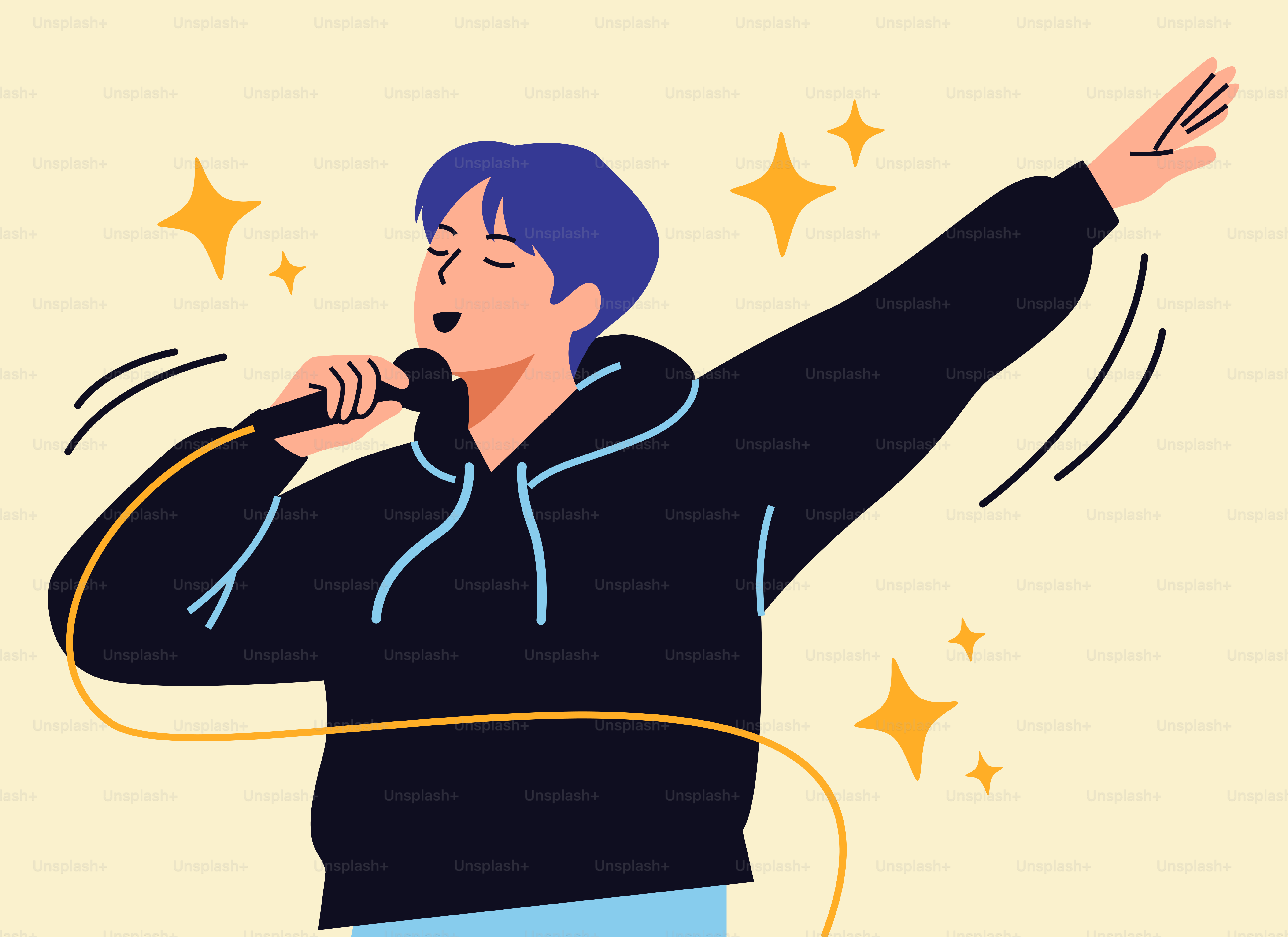 Blue-haired person singing into microphone with arm raised and sparkles.