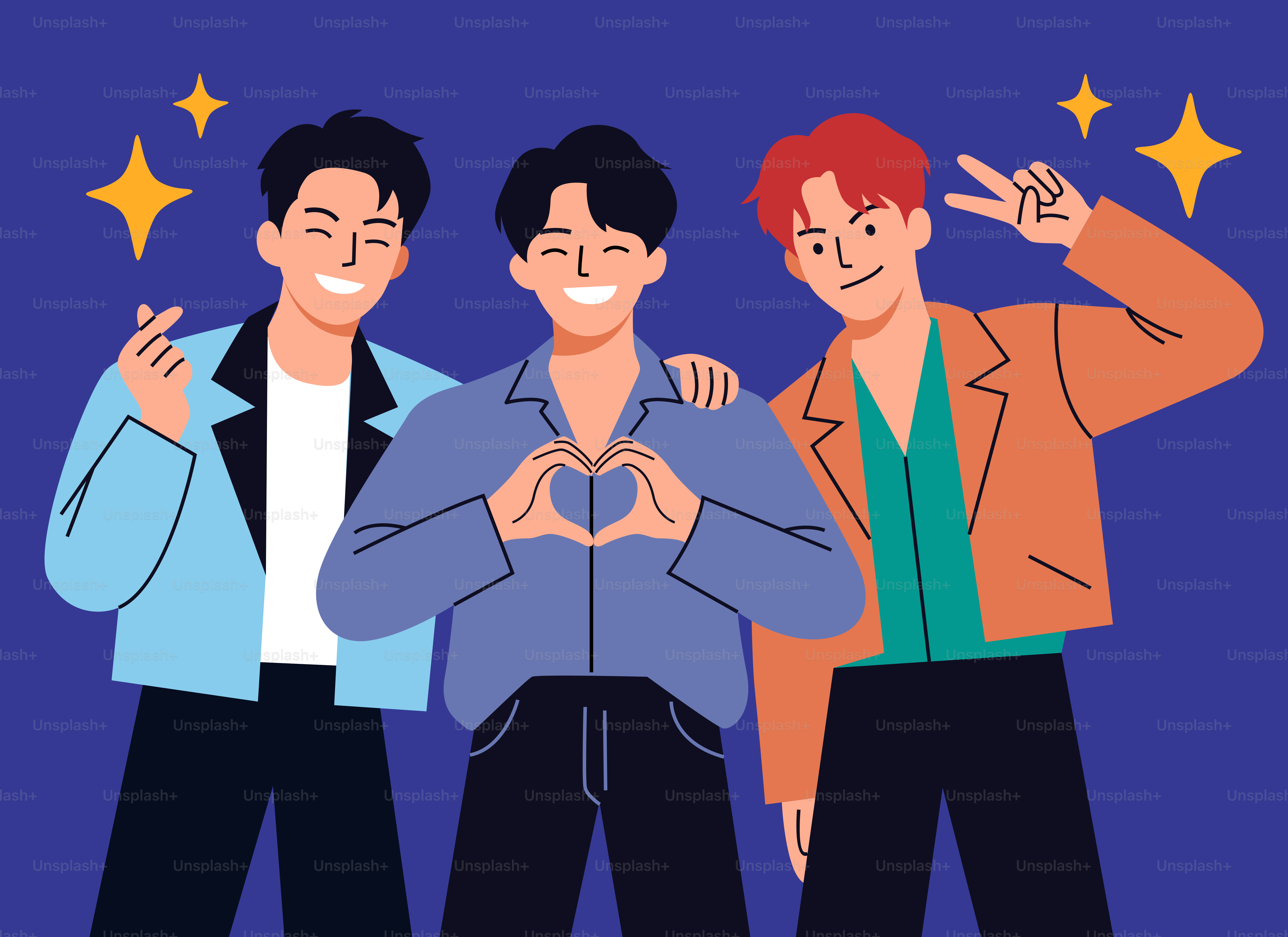 Three cheerful men posing with heart and peace signs.
