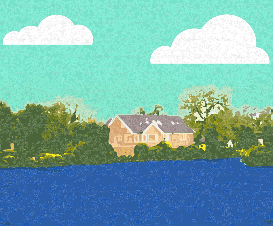 House behind trees by water with textured sky and clouds.