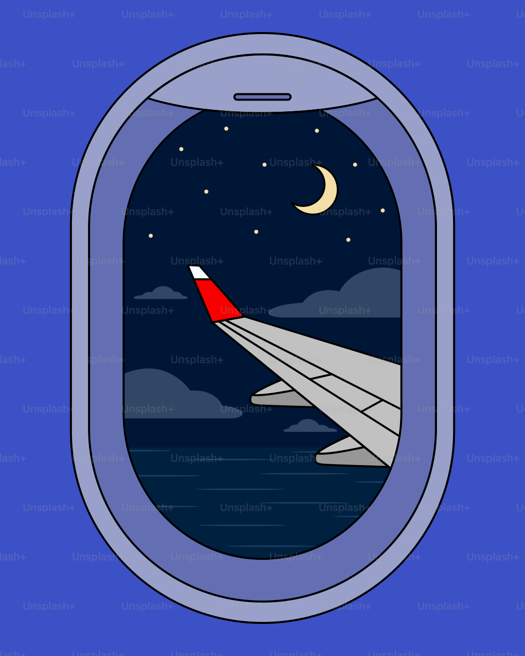Night flight view from airplane window with moon and stars.