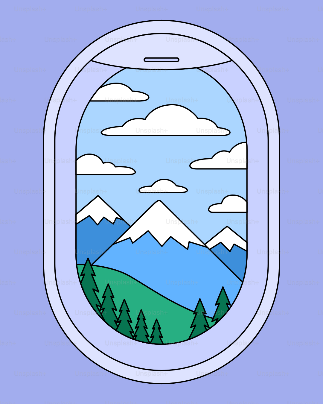 View of snow-capped mountains and trees from an airplane window.