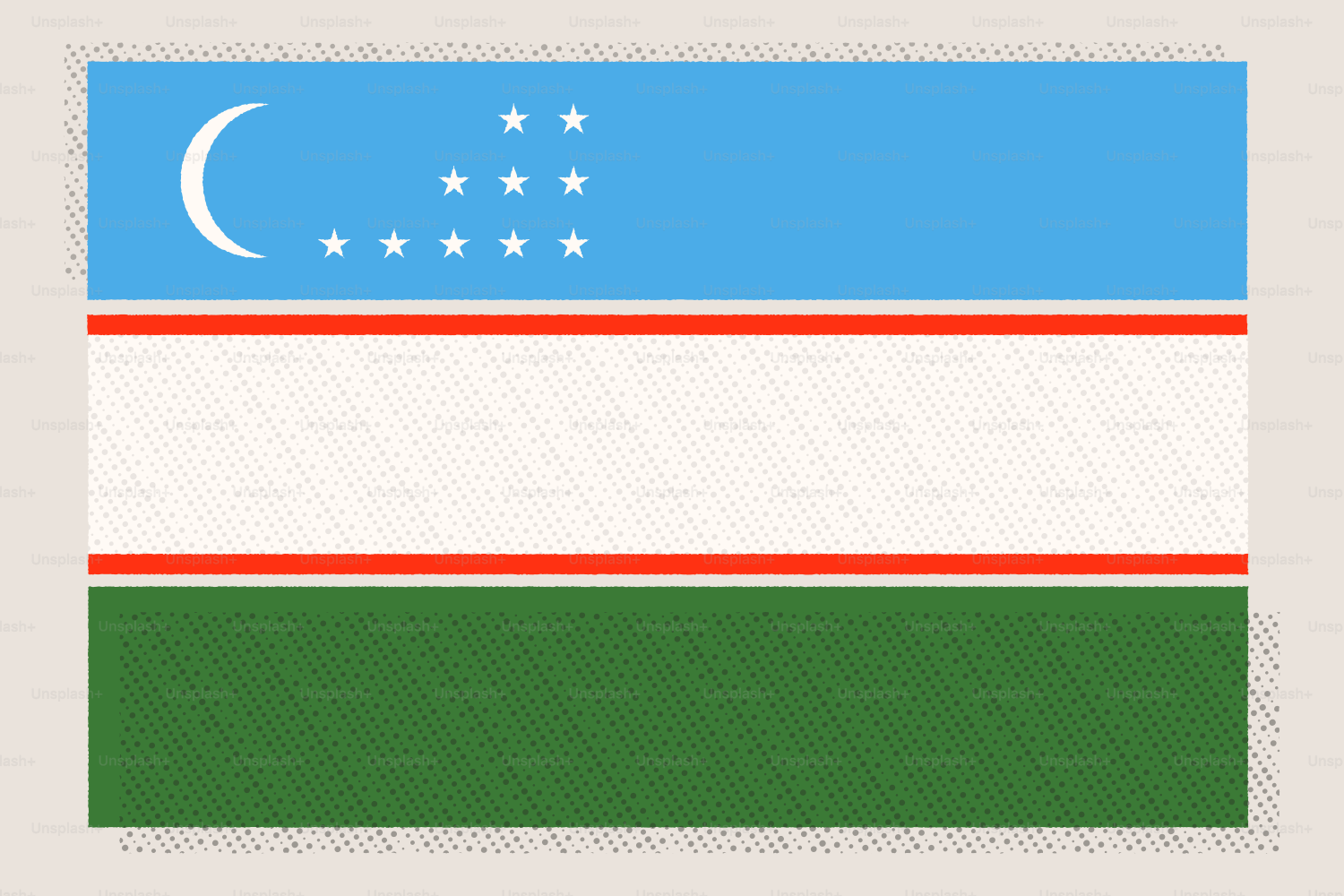 A bandeira nacional do Uzbequistão com lua e estrelas.