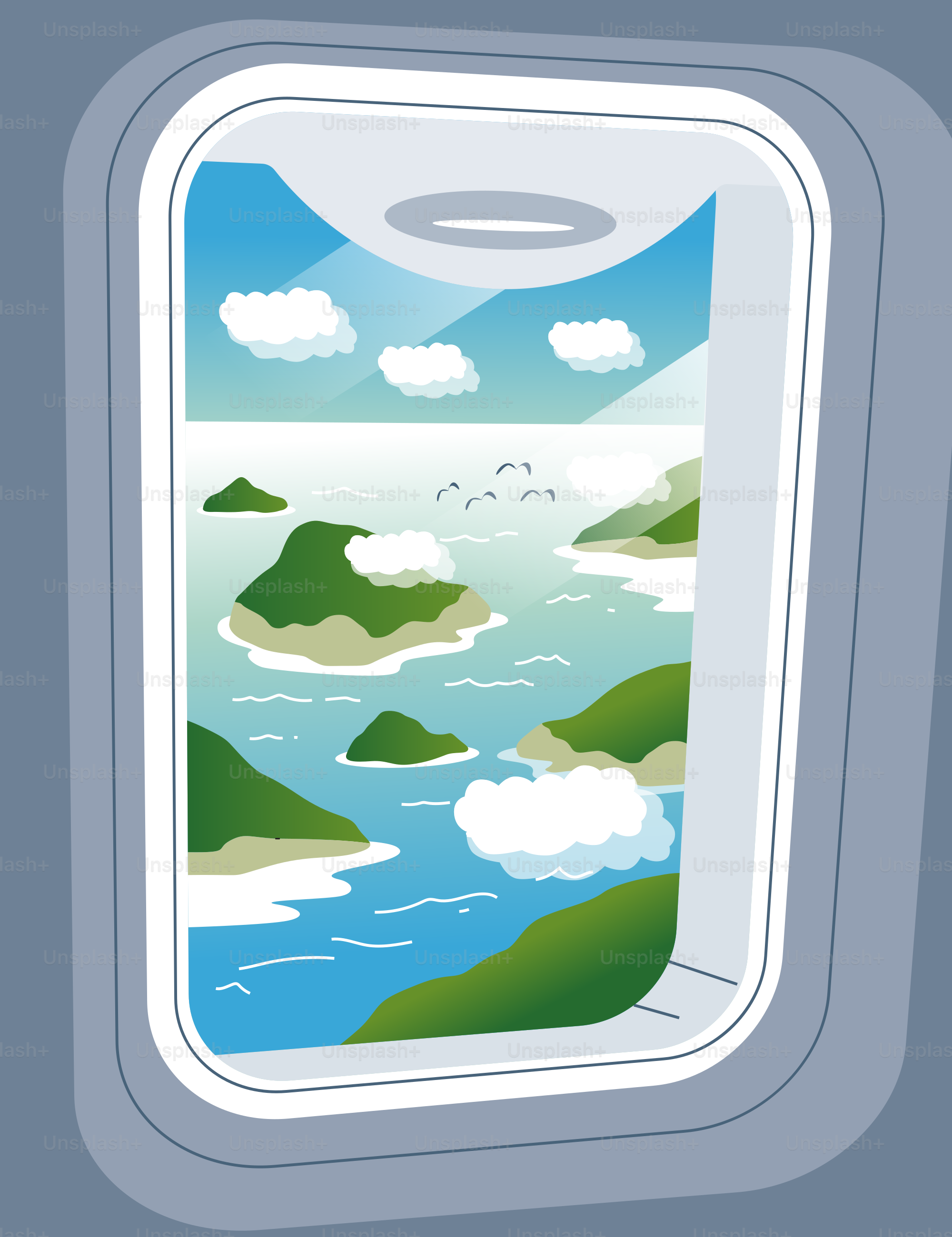 View of green islands and ocean from an airplane window.