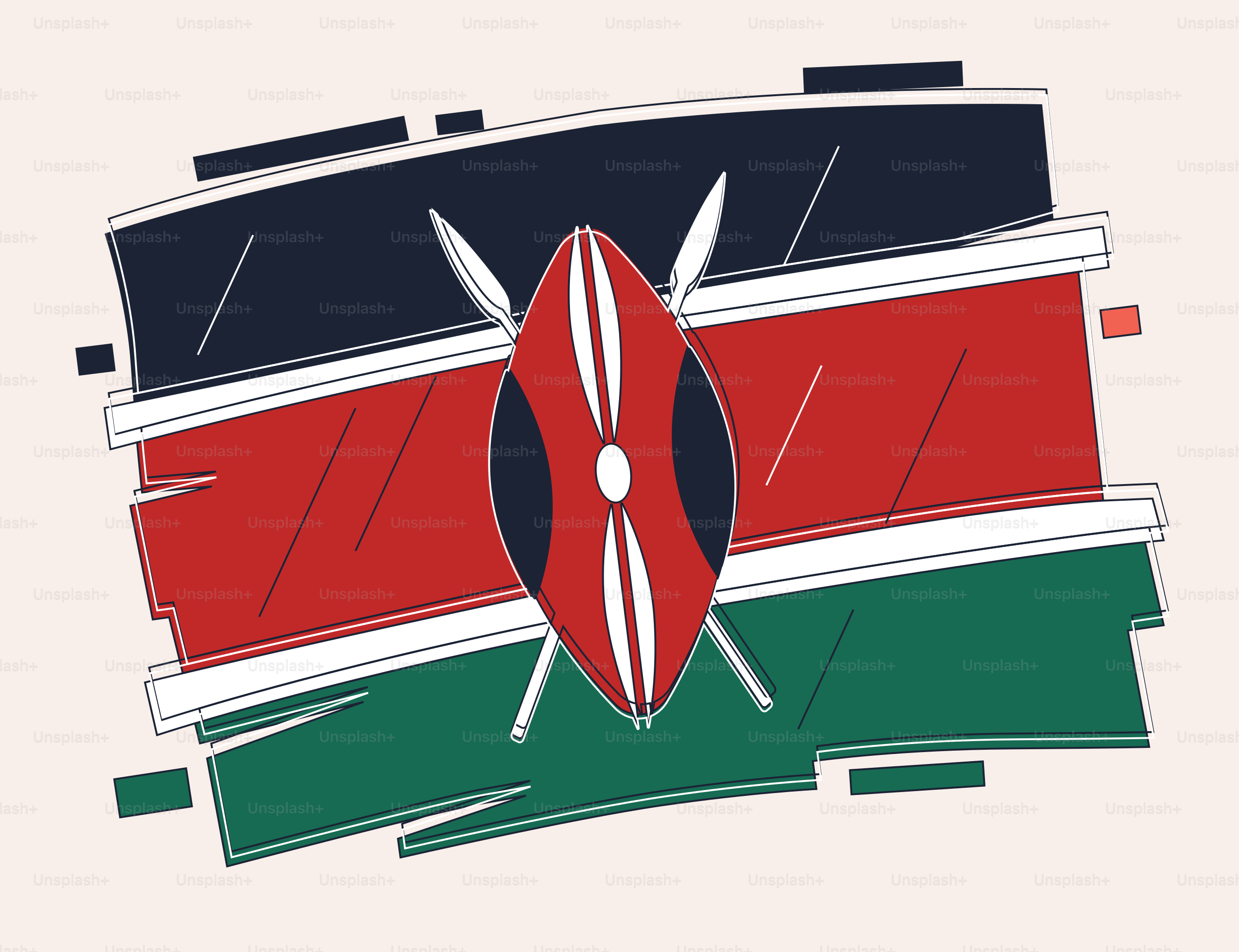 Bendera kenya bergaya dengan perisai maasai dan tombak bersilang.