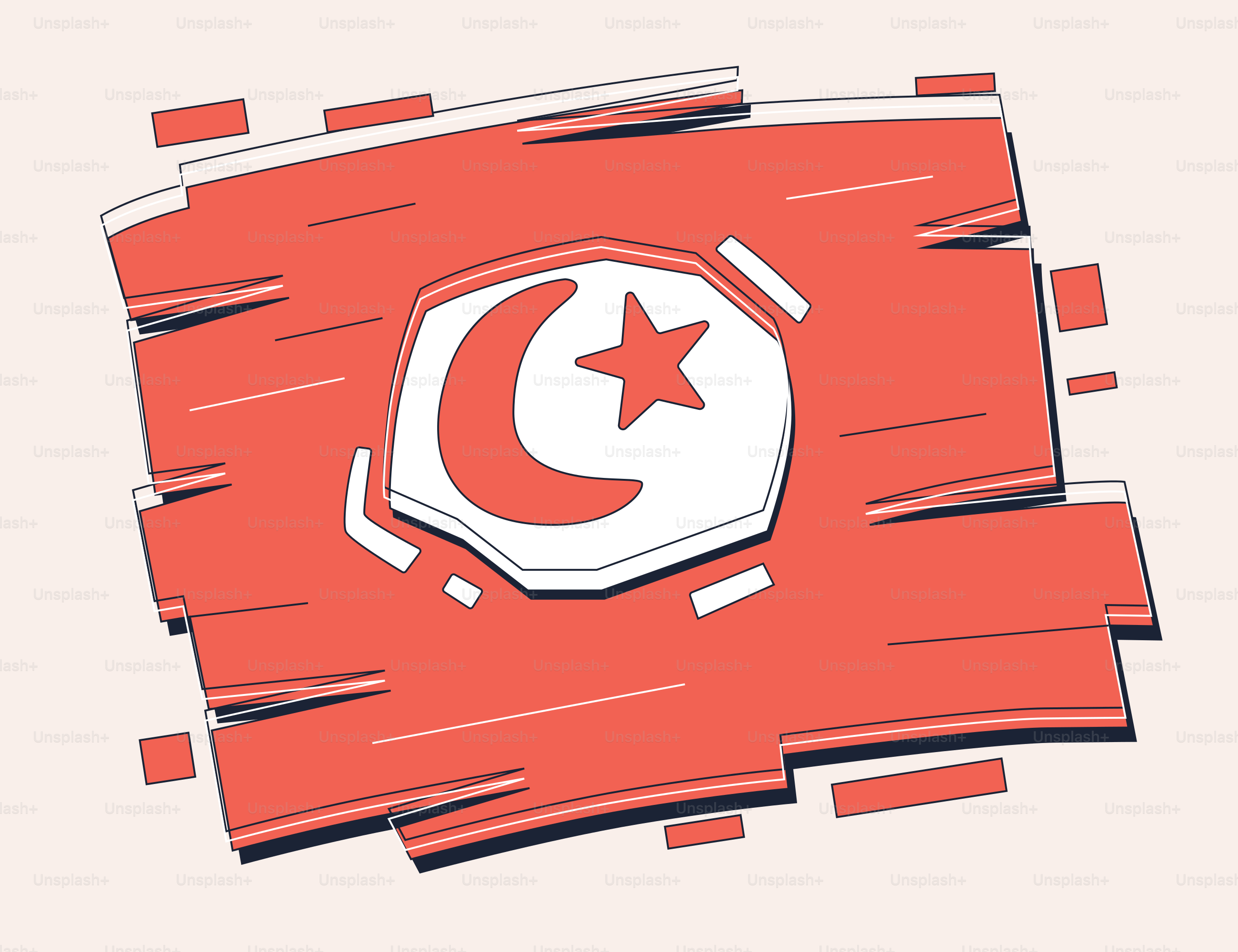 Bendera tunisia merah bergaya dengan bulan sabit putih dan bintang.