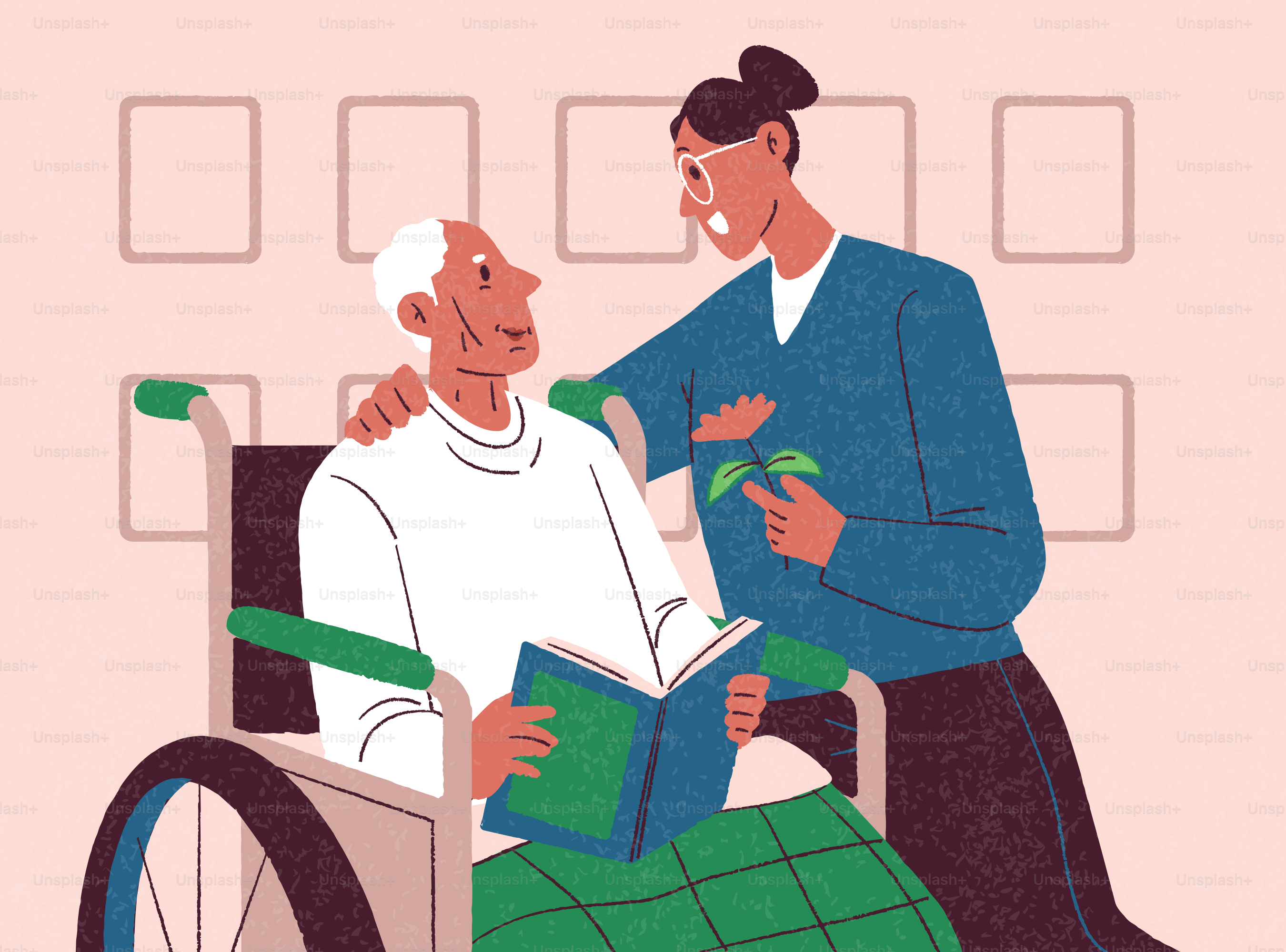 Caregiver with elderly man reading a book in a wheelchair.