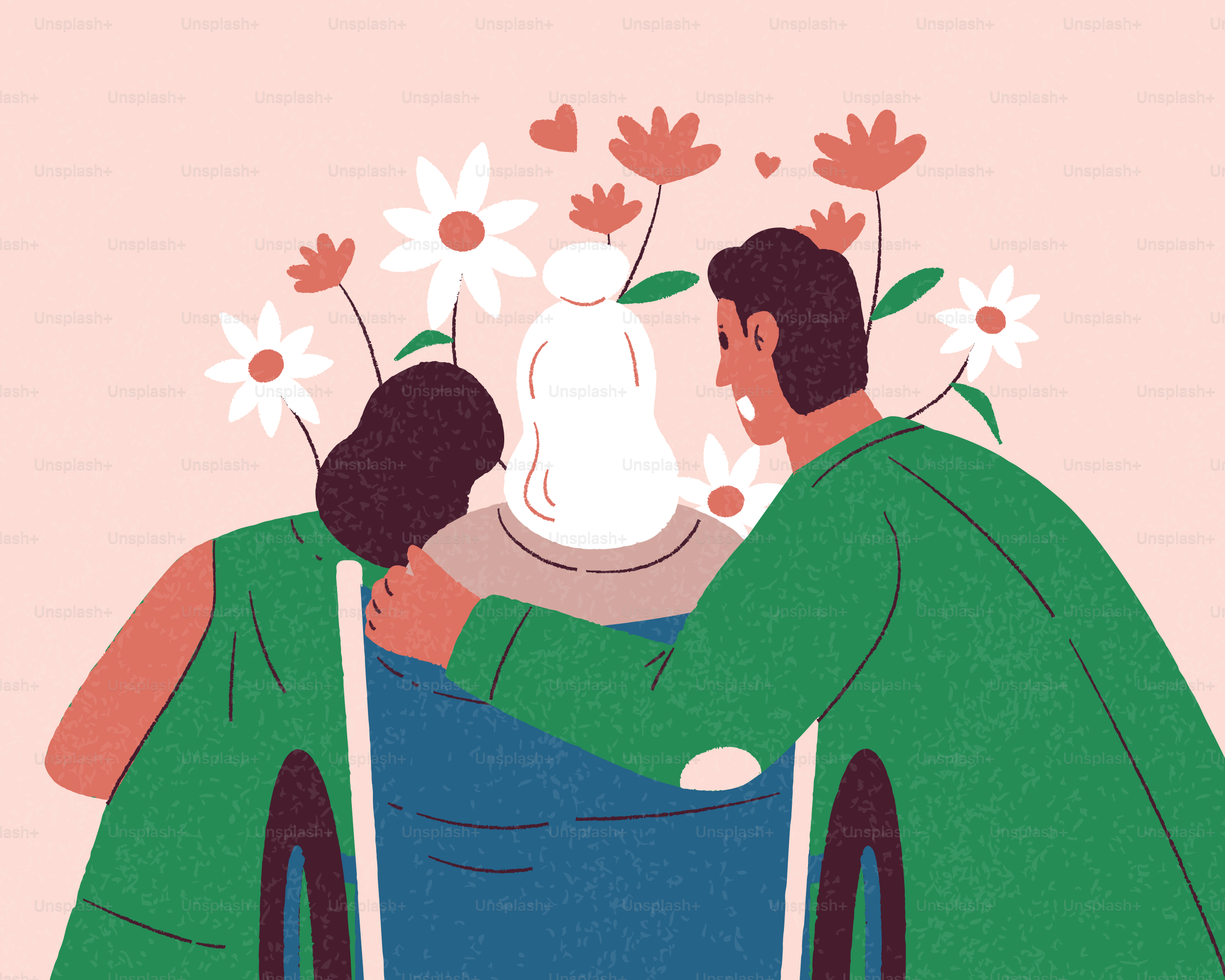 Elderly person in wheelchair comforted by two caregivers.