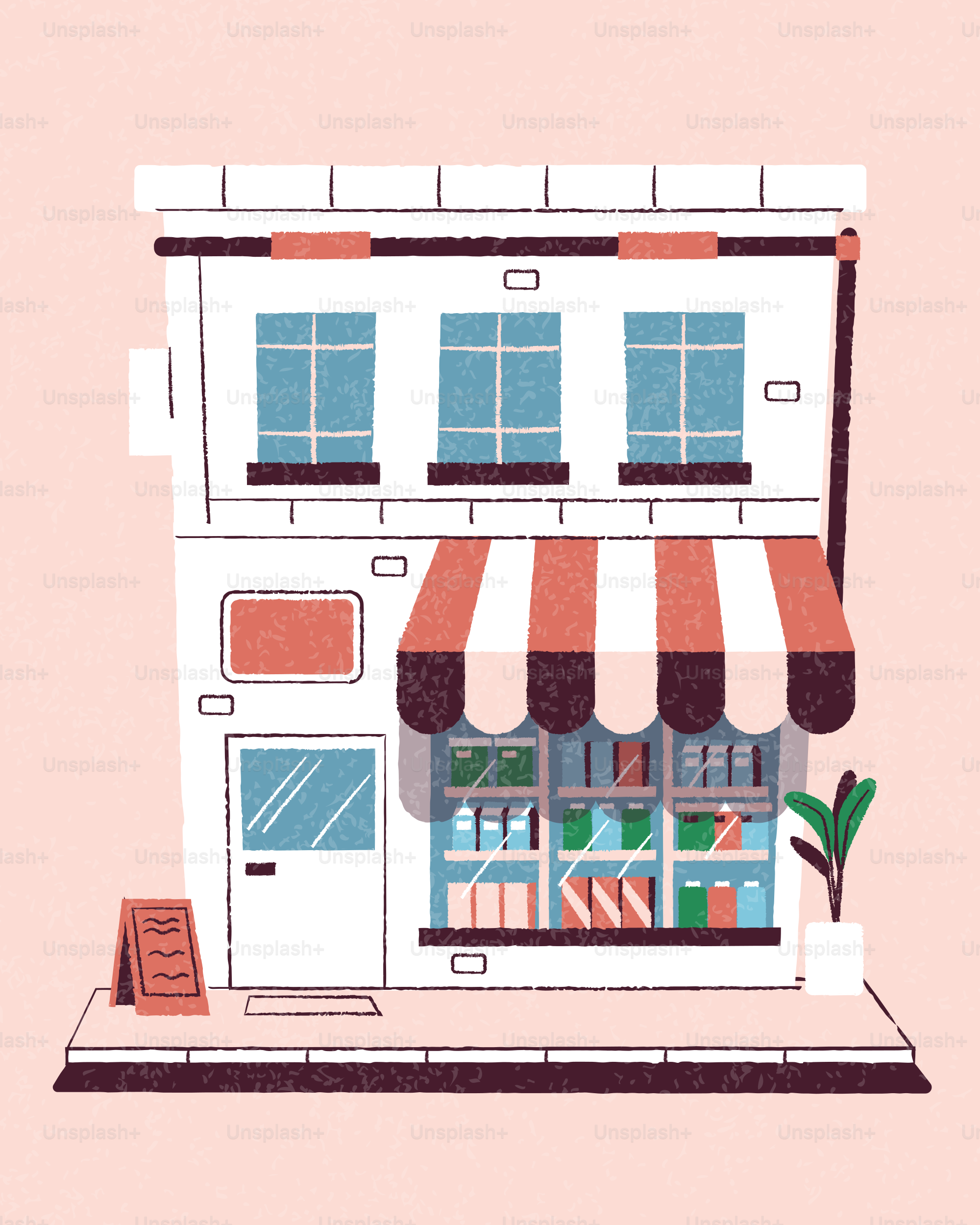 Illustrated two-story storefront building with awning and display window.