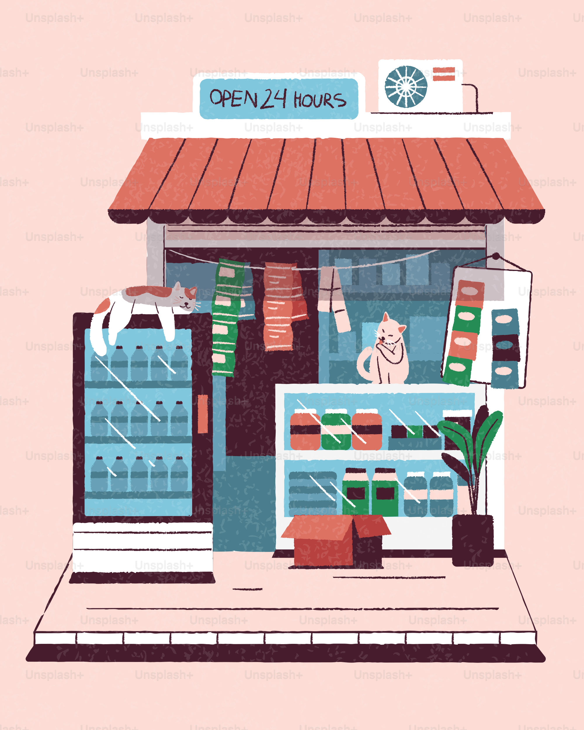 Illustrated convenience store with cats and "open 24 hours" sign.