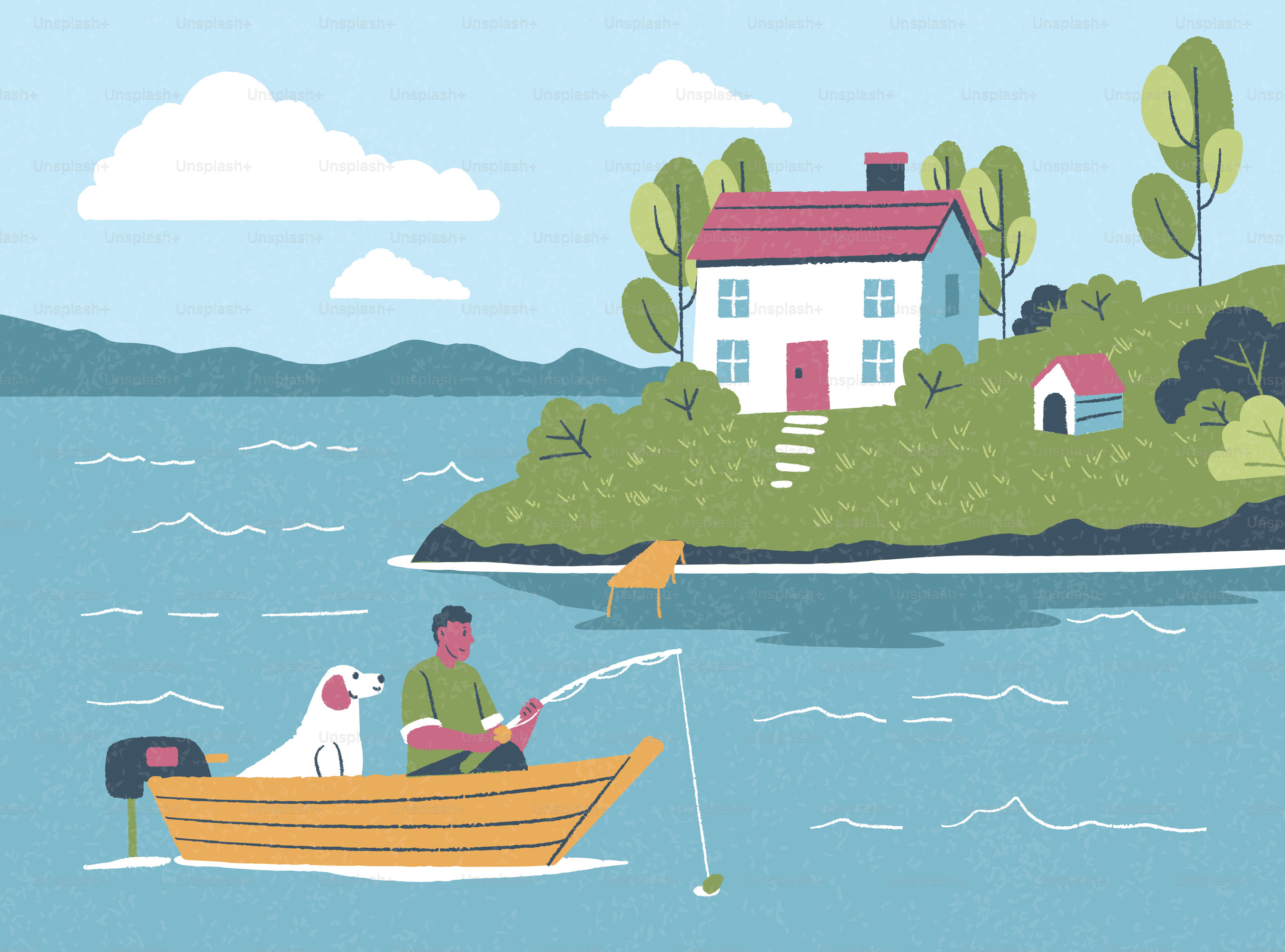 Man and dog fishing from boat near island house.