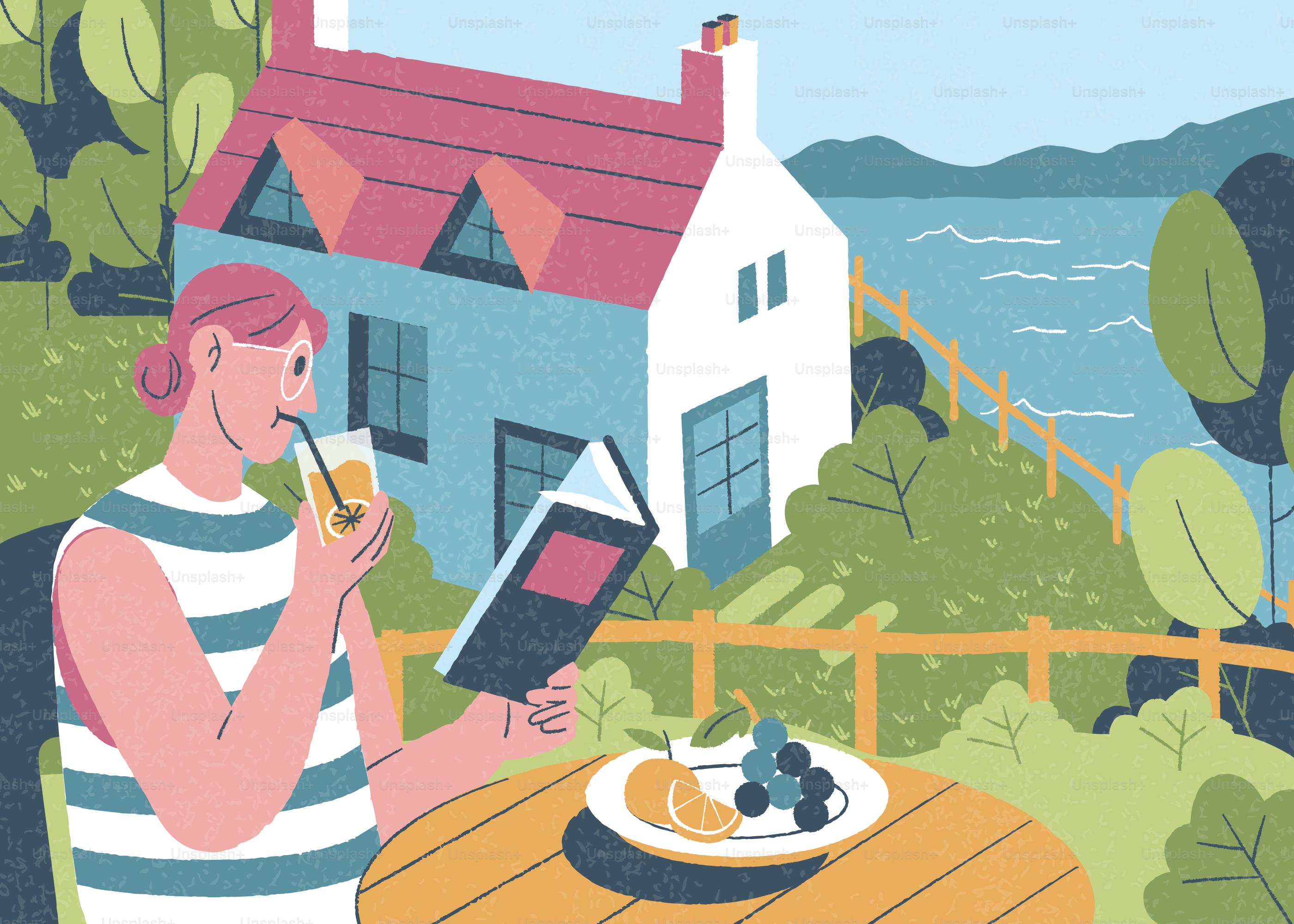 Woman reading book and drinking juice outdoors by a house.