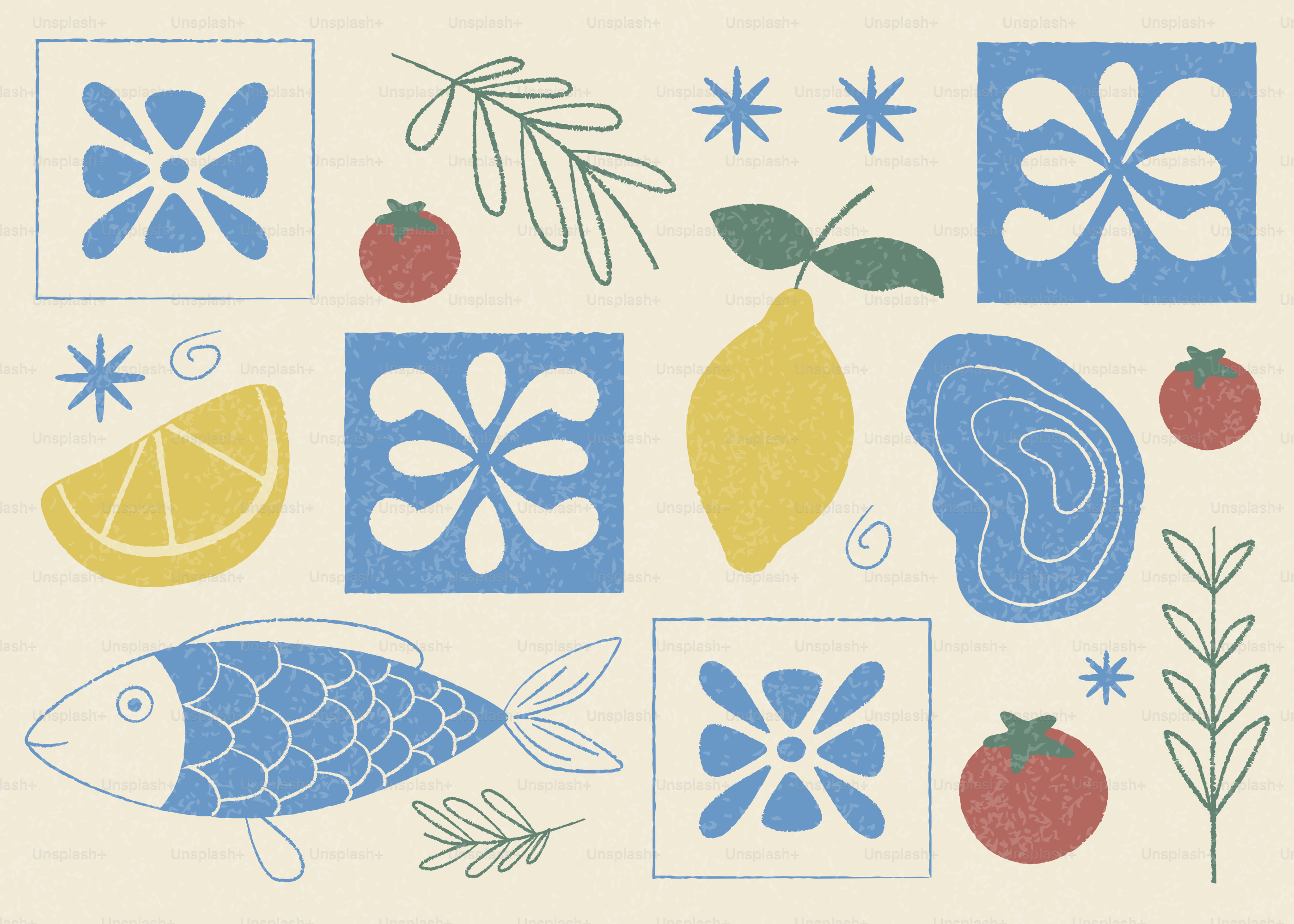 Stylized mediterranean pattern with fish, lemons, tomatoes, and tiles.