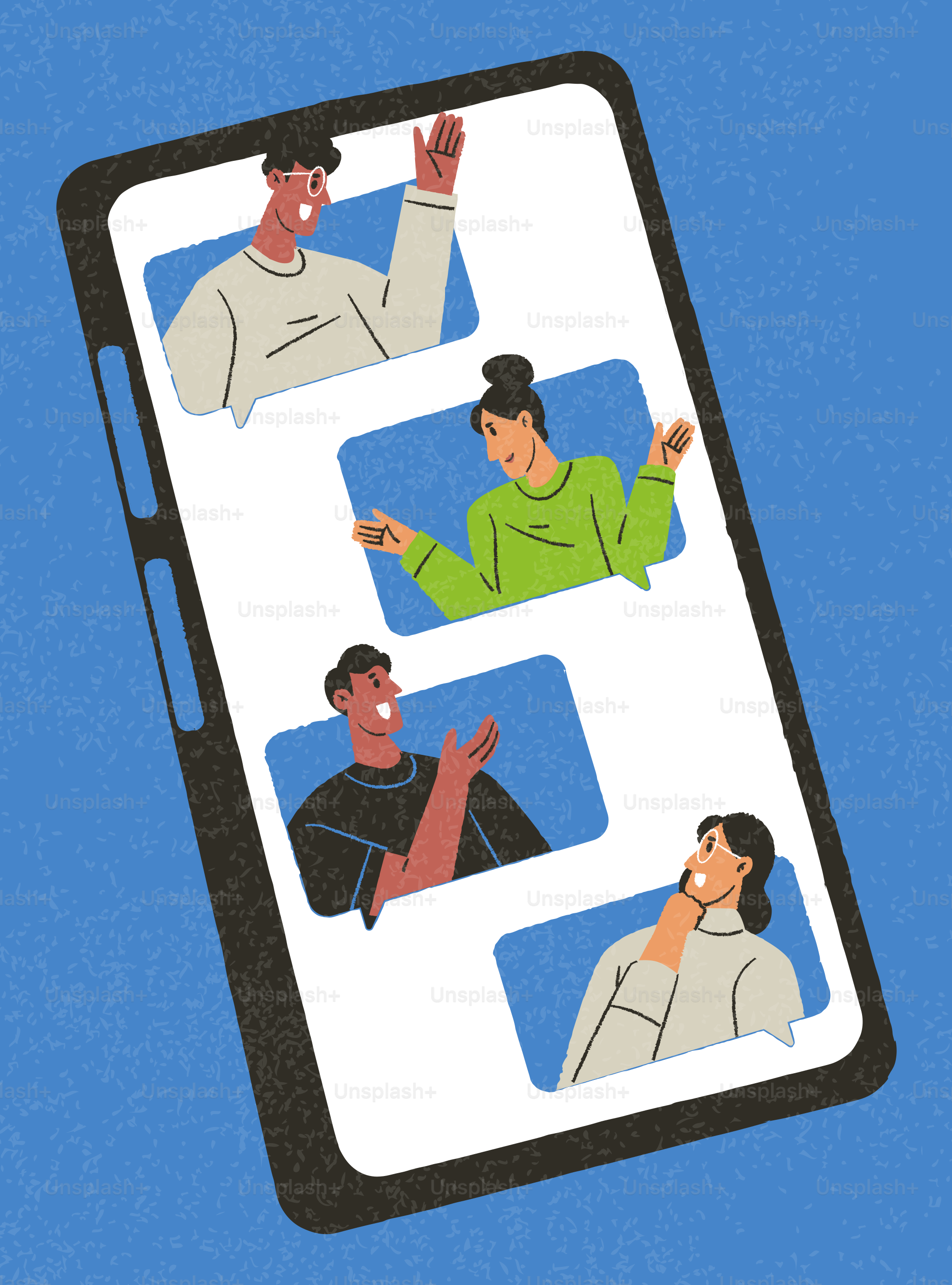 Smartphone screen showing a chat conversation with four people.
