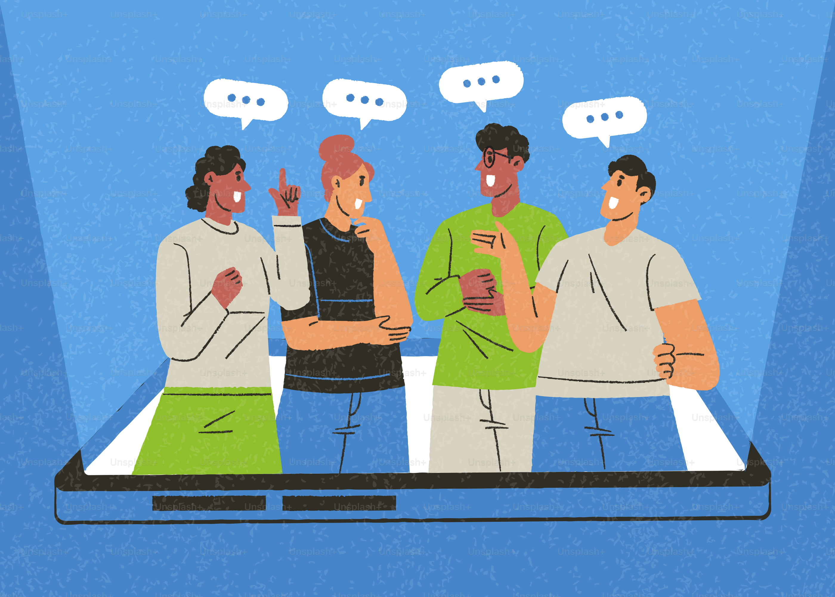 Four diverse people discussing, emerging from a smartphone screen.