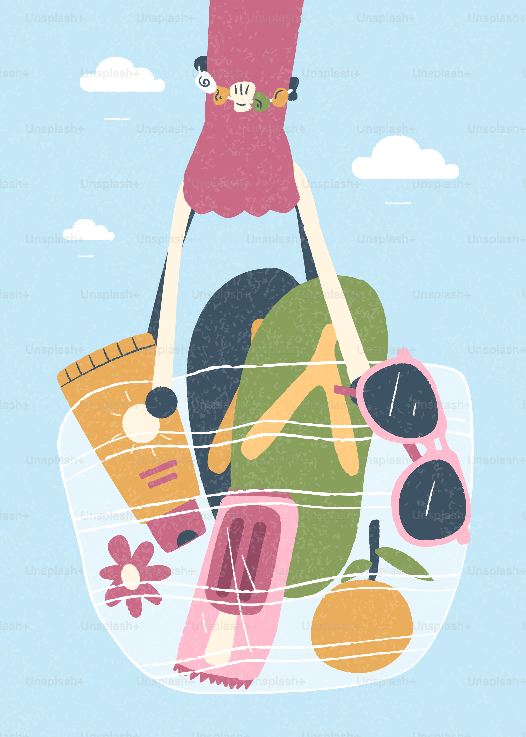 A hand holding a transparent bag filled with summer essentials.