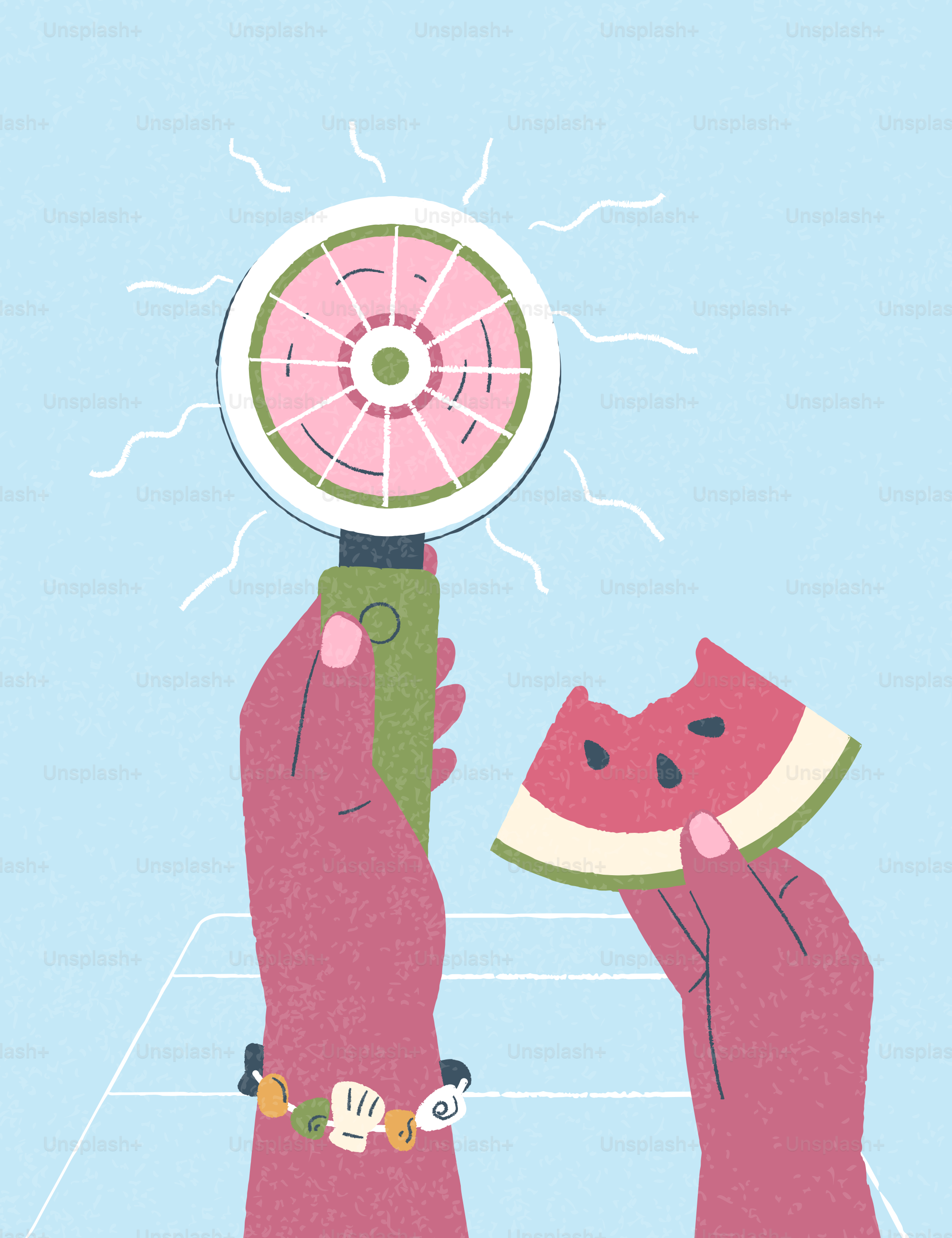 Hands holding a portable fan and a bitten watermelon slice.