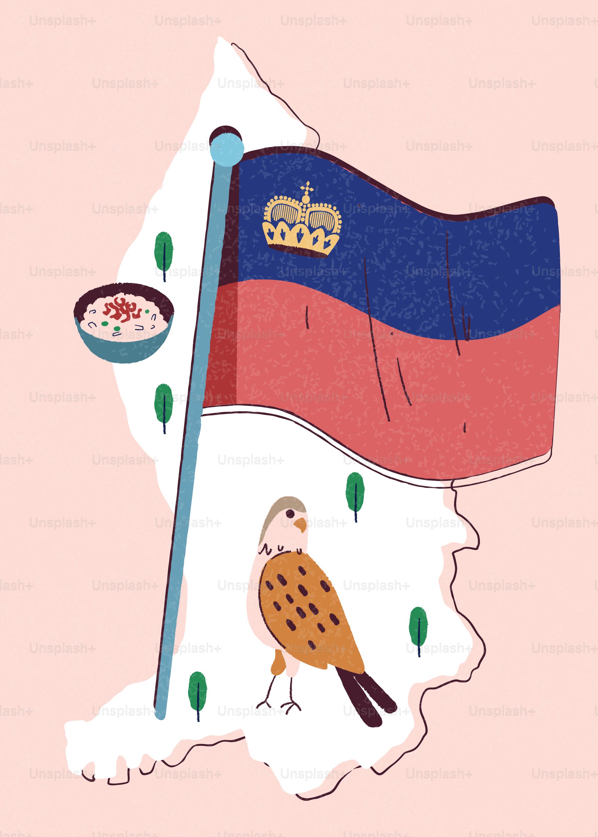 Carte du Liechtenstein avec drapeau, oiseaux et nourriture traditionnelle.
