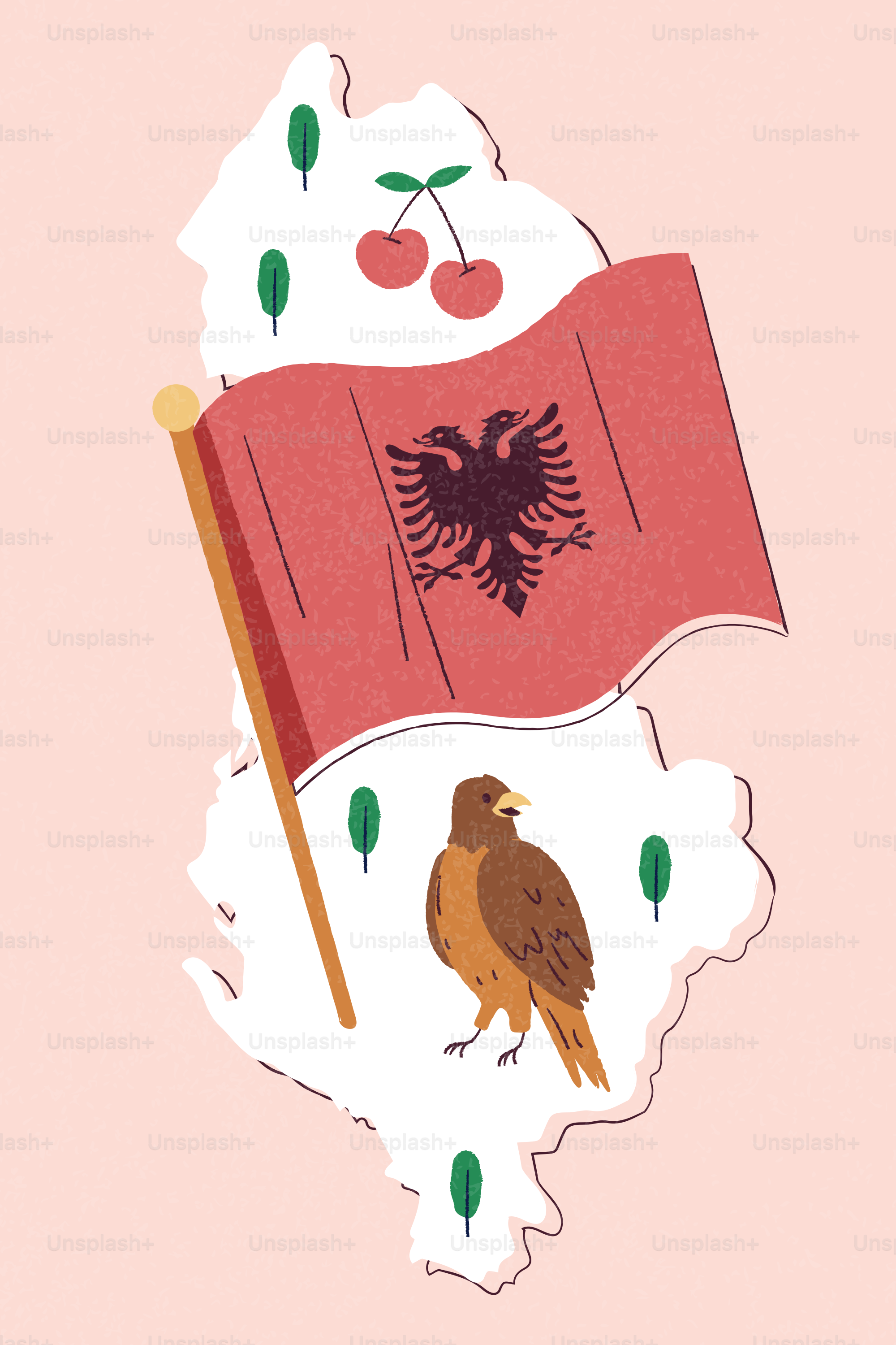 Carte de l’Albanie avec drapeau, oiseau et cerisiers.