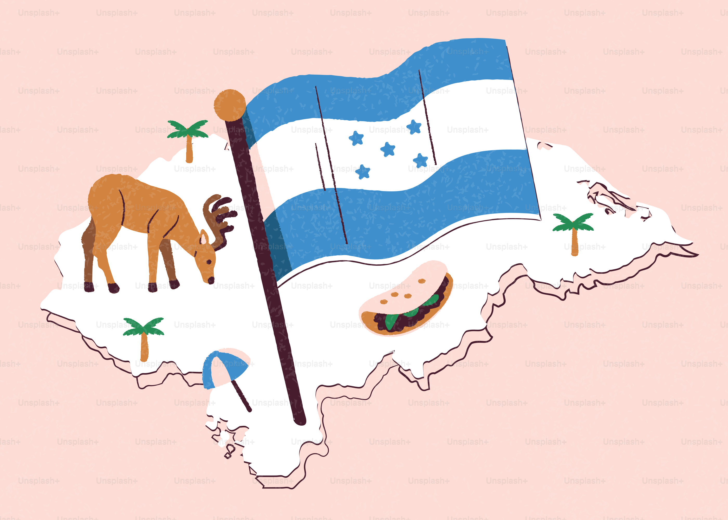 Carte du Honduras avec drapeau, cerfs, palmiers et nourriture locale.