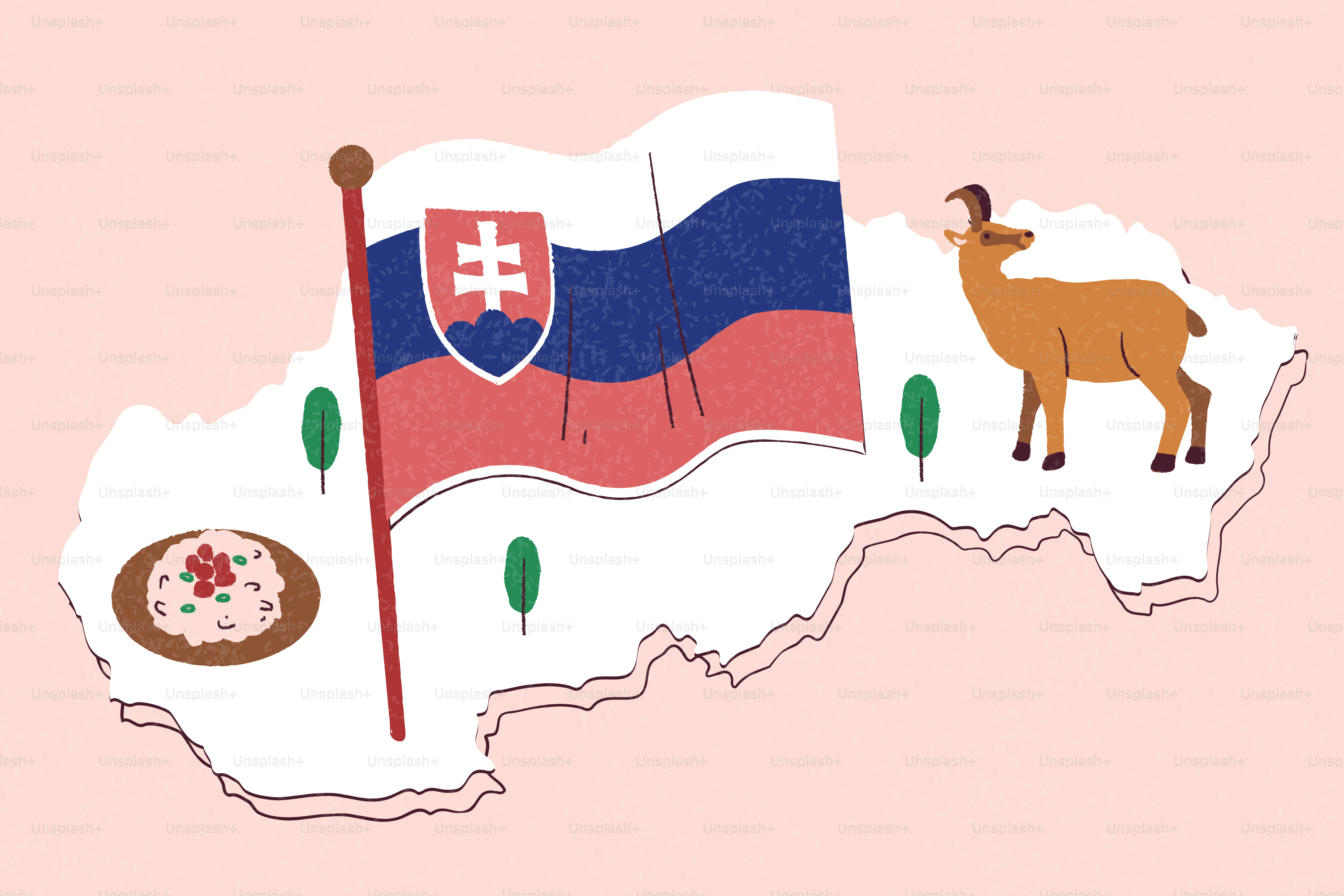 Carte de la Slovaquie avec drapeau, nourriture traditionnelle et chamois.