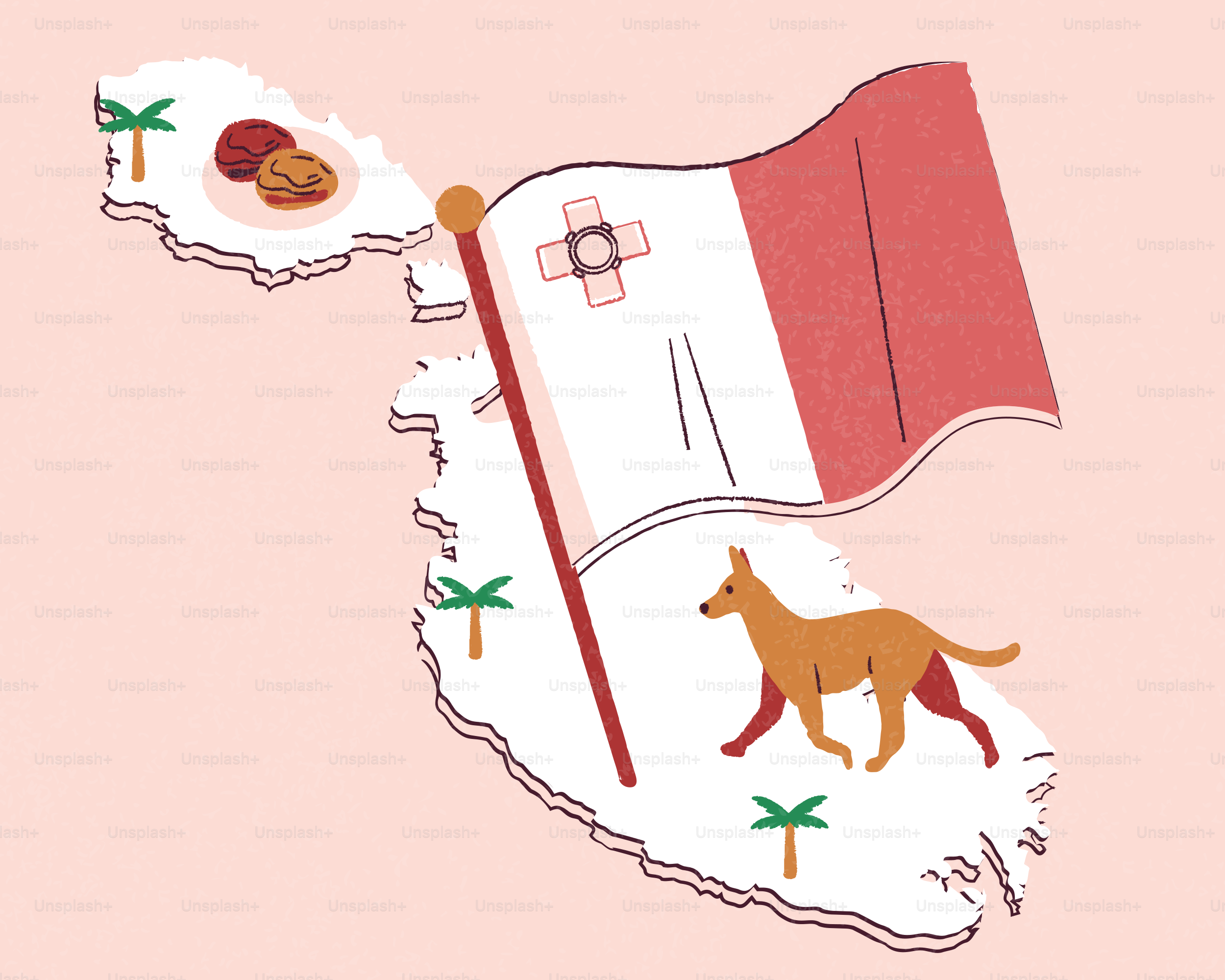Mapa de Malta con bandera, perro, palmeras y comida.