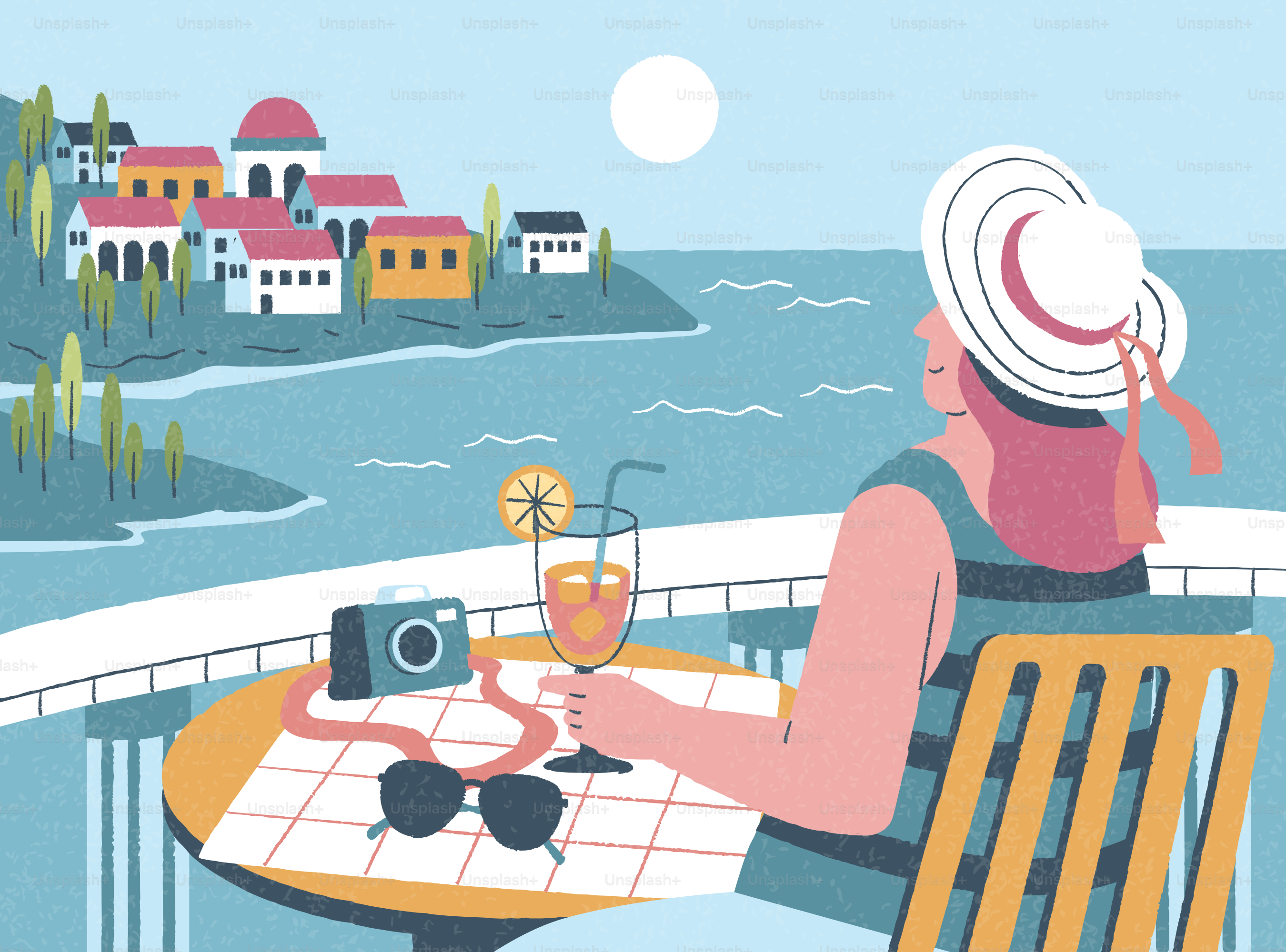Woman with drink and camera on balcony overlooking coastal town.