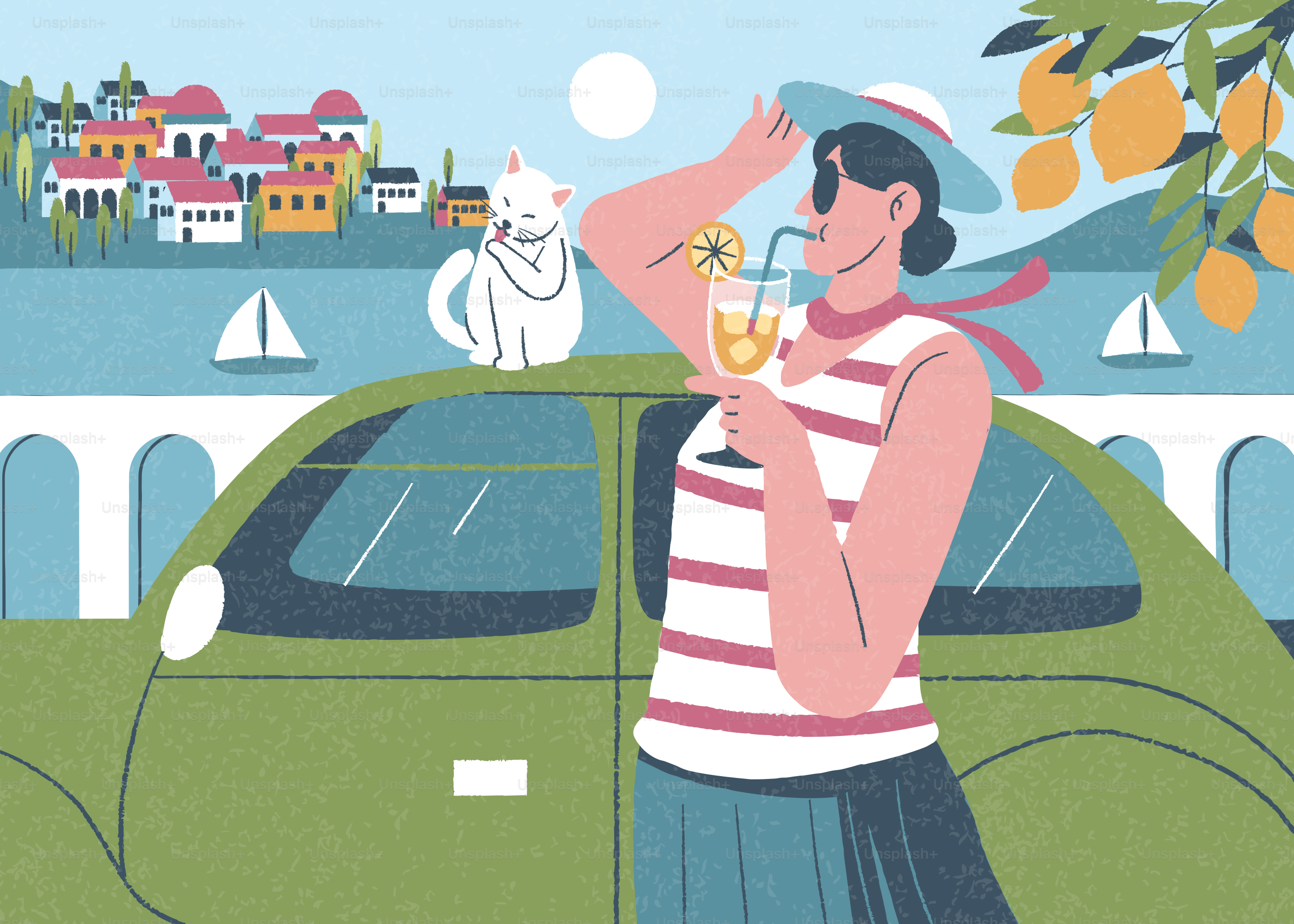 Woman, cat, and car in a sunny mediterranean coastal town.