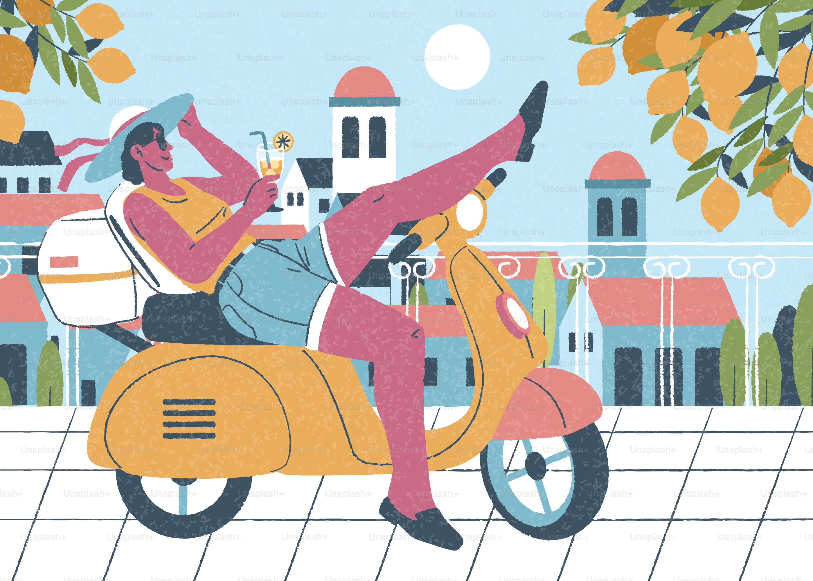 A woman relaxing on a scooter in a mediterranean village.