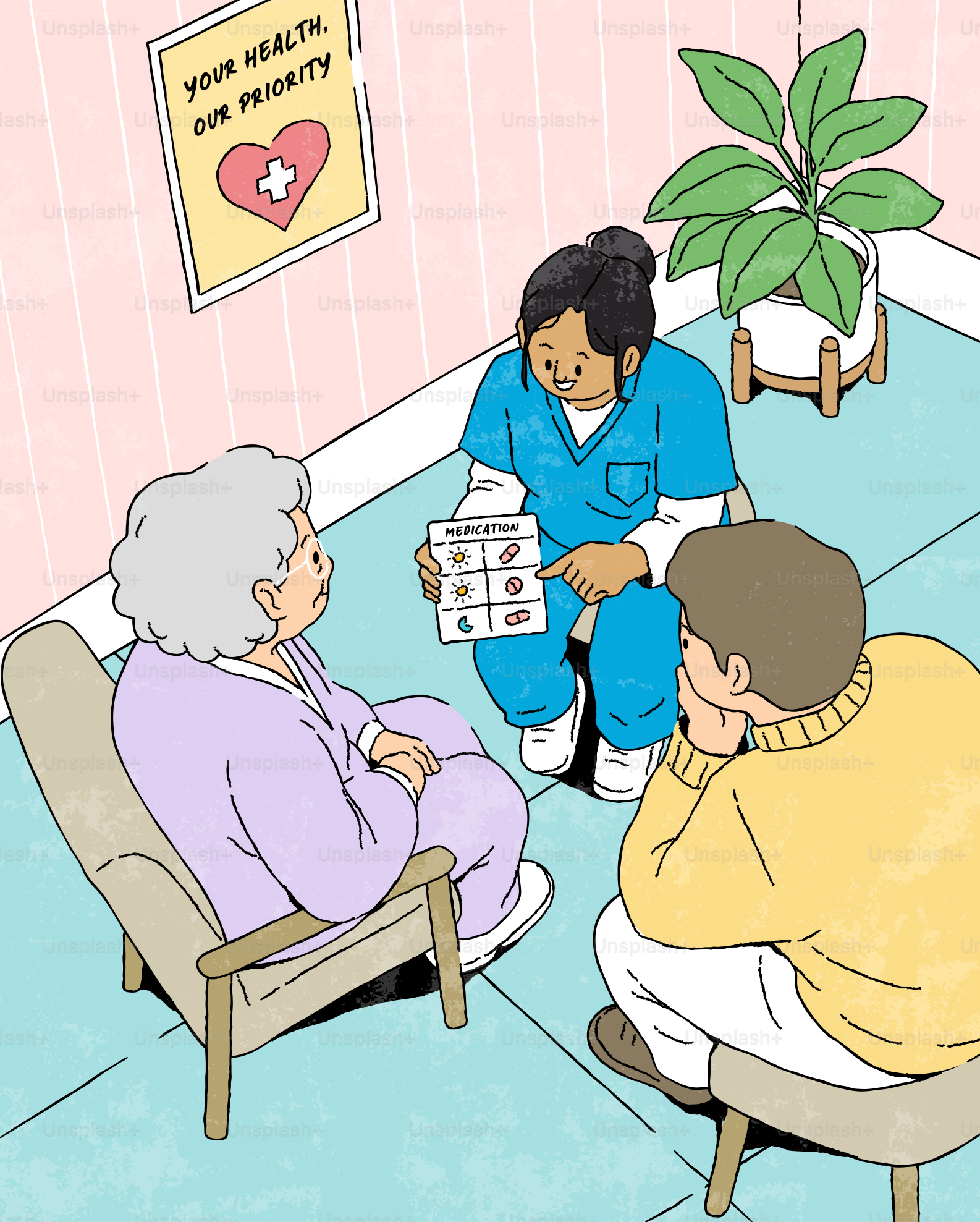 Nurse explains medication to an elderly woman and a man.