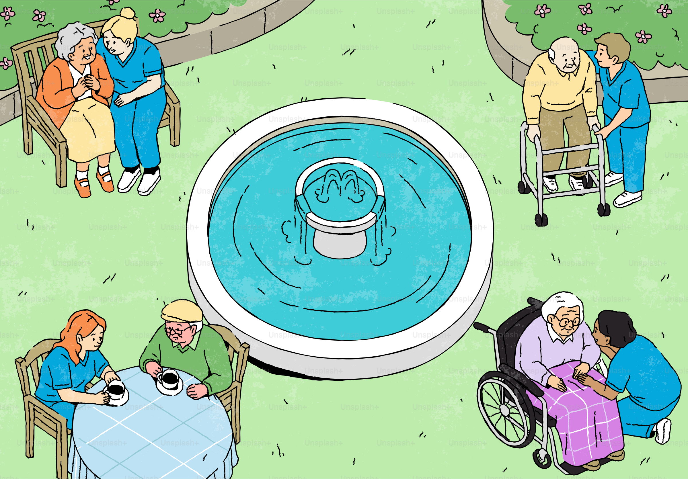 Elderly people and caregivers in a garden with a fountain.