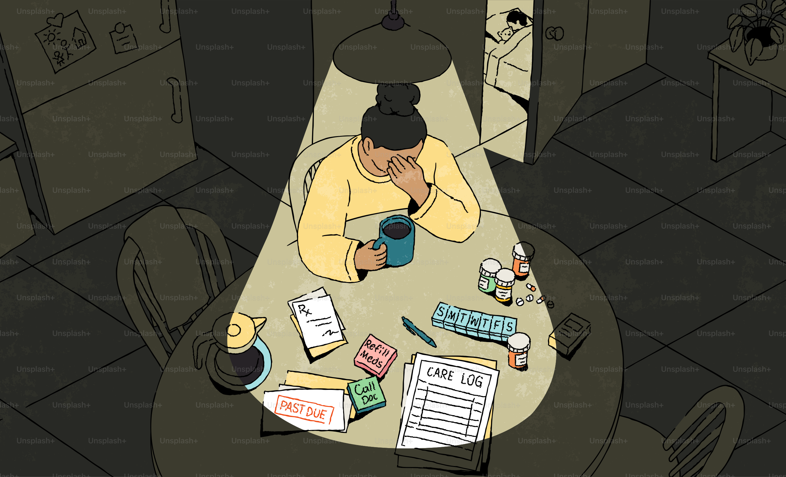 Woman distressed by bills and medication at dark table.