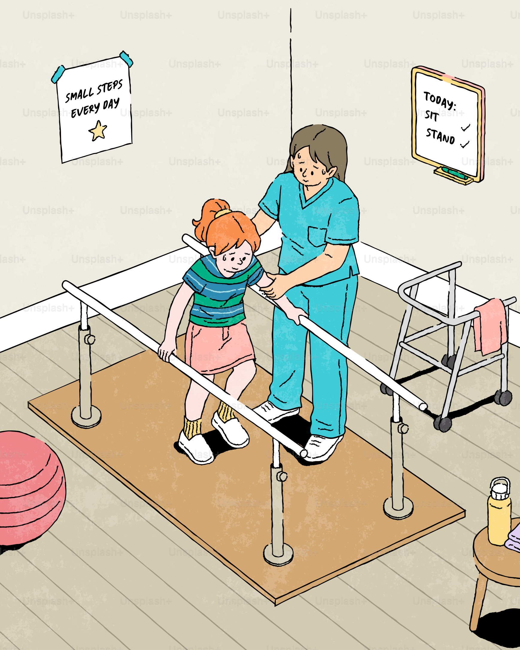 A therapist helps a young girl walk using parallel bars.