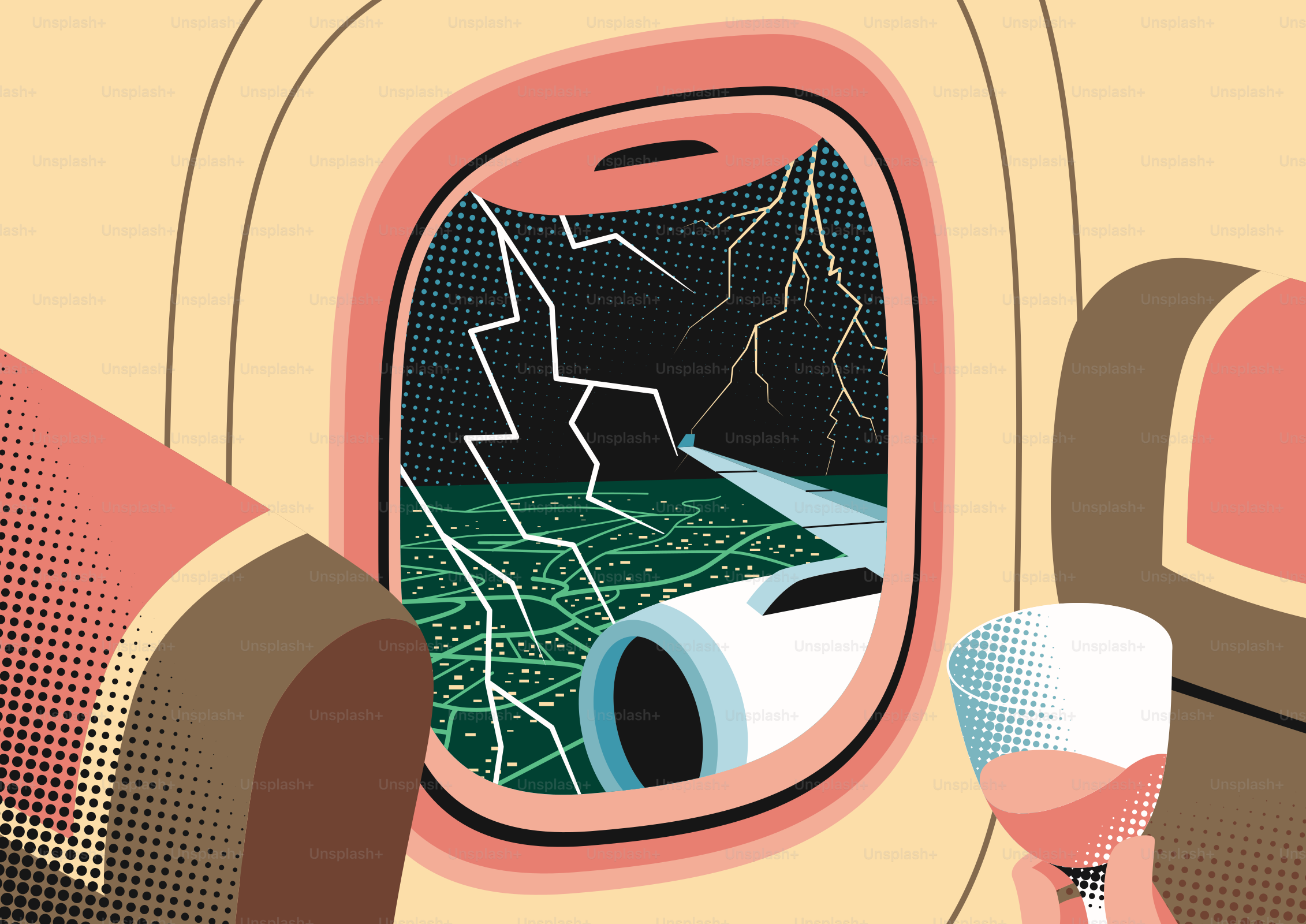 Stormy airplane flight with lightning, circuit board, and wine glass.