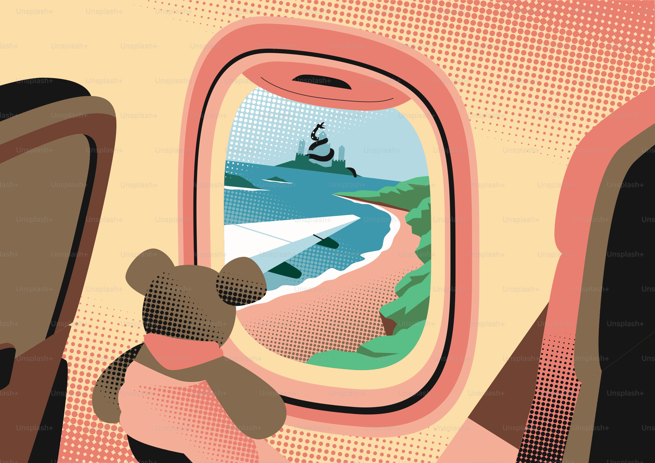 Teddy bear looking out airplane window at a scenic beach.