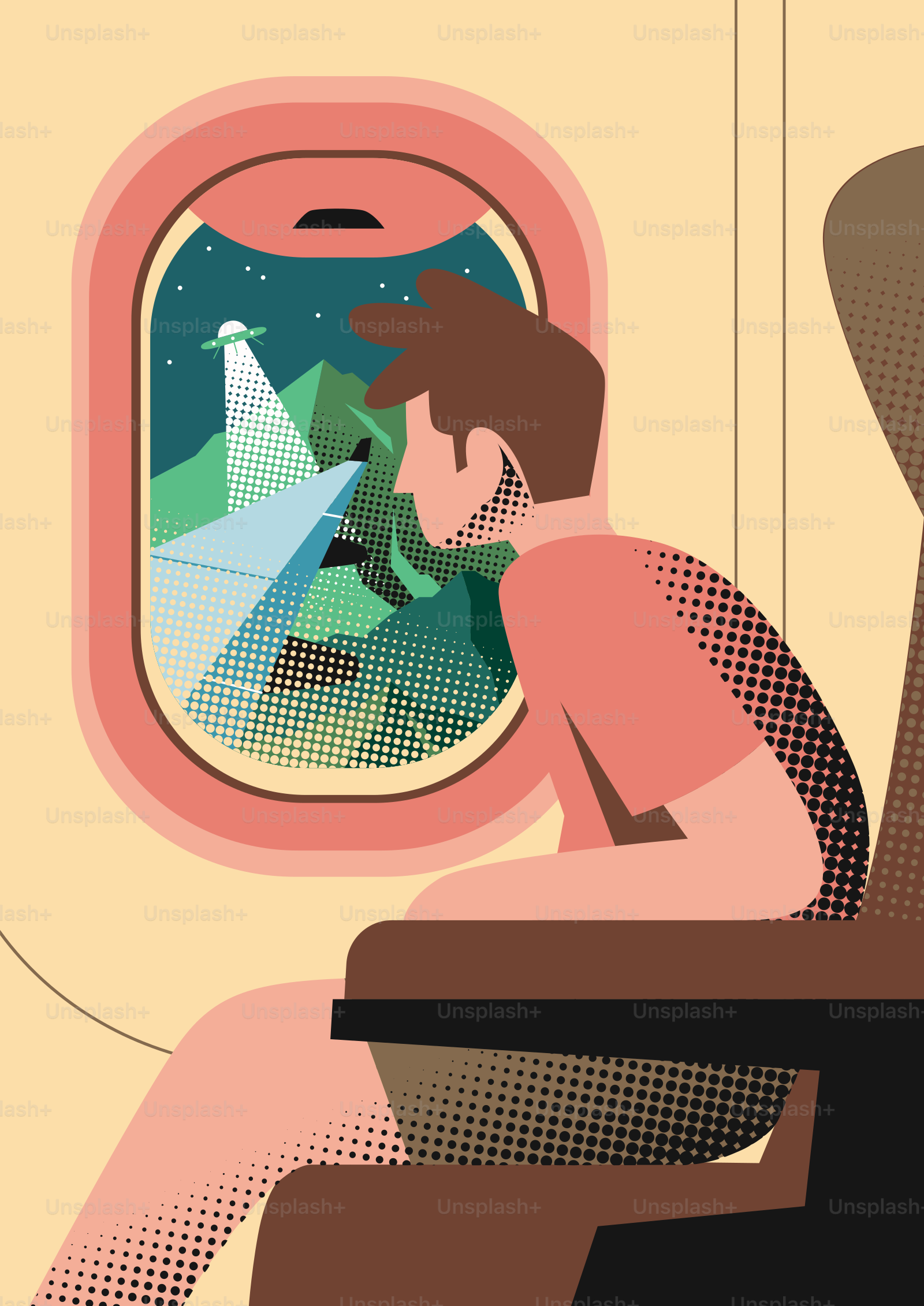 Man on airplane sees ufo and beam outside window.