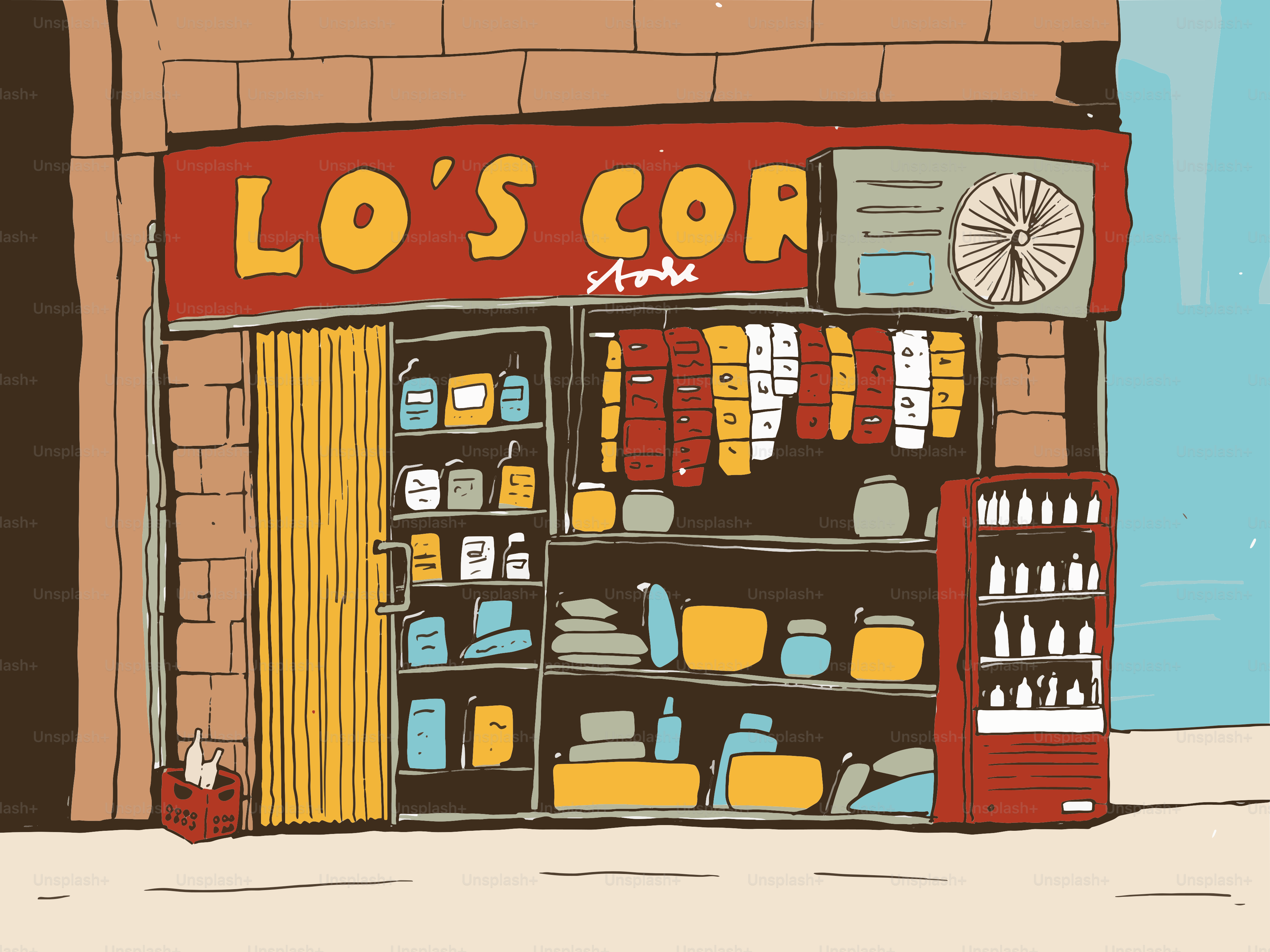 Illustrated lo's corner store with shelves of products.