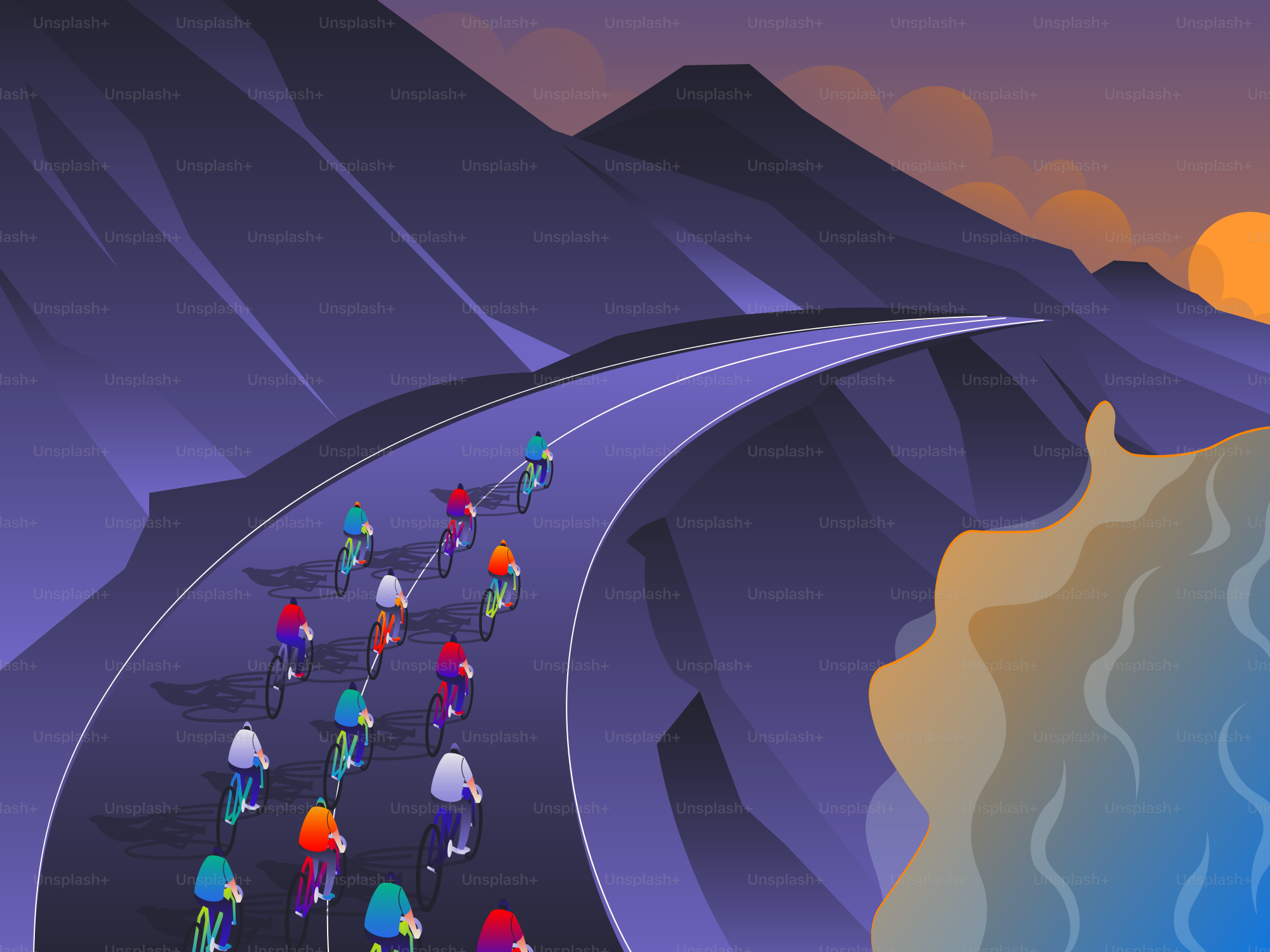 Cyclists ride on a winding mountain road at sunset.
