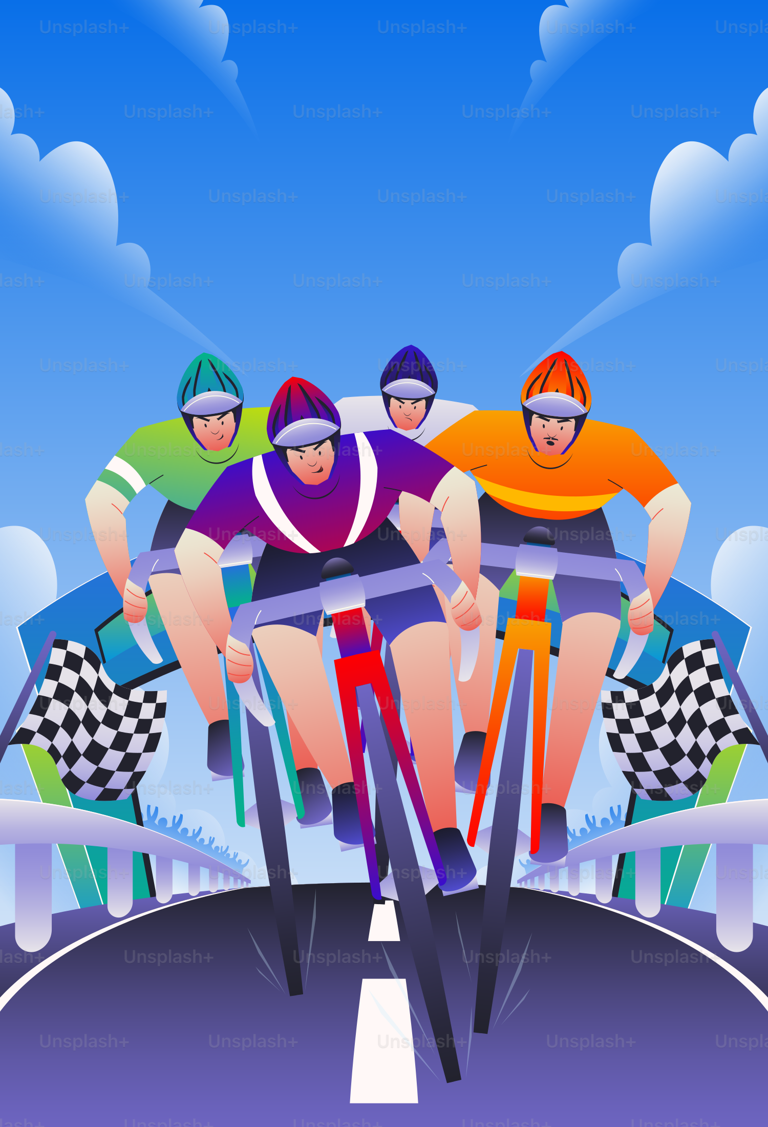 Four cyclists in a race approaching checkered flags.